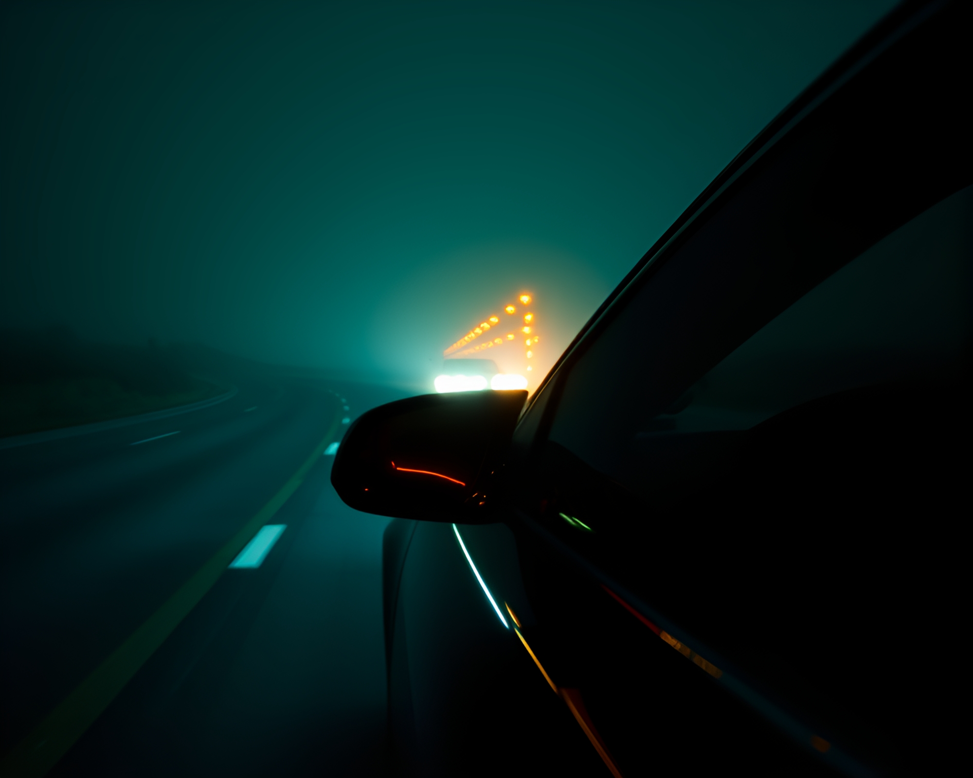 Ethereal Car Light Trails Reflect in Haunted Teal Mirror – free AI stock image