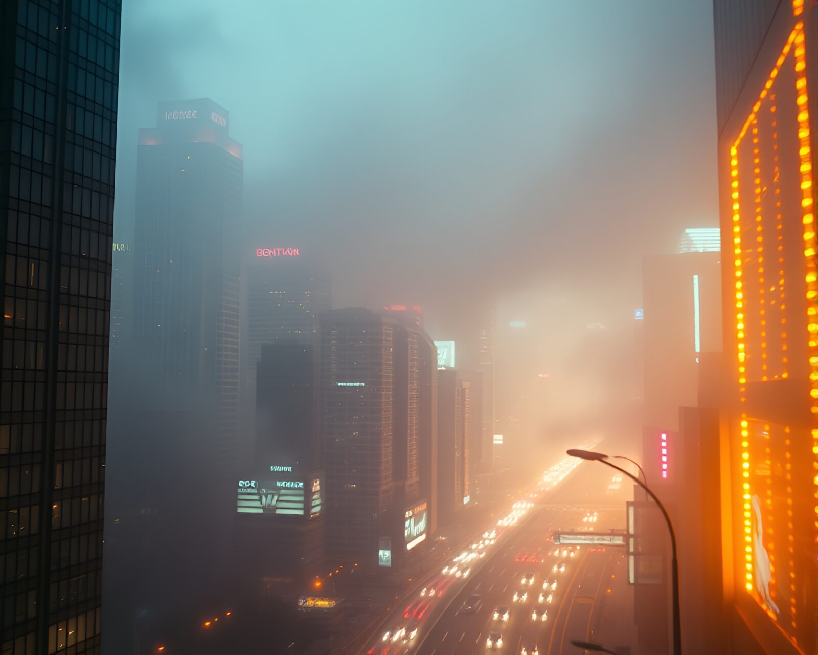 Foggy urban skyline with shimmering gold accents in motion
