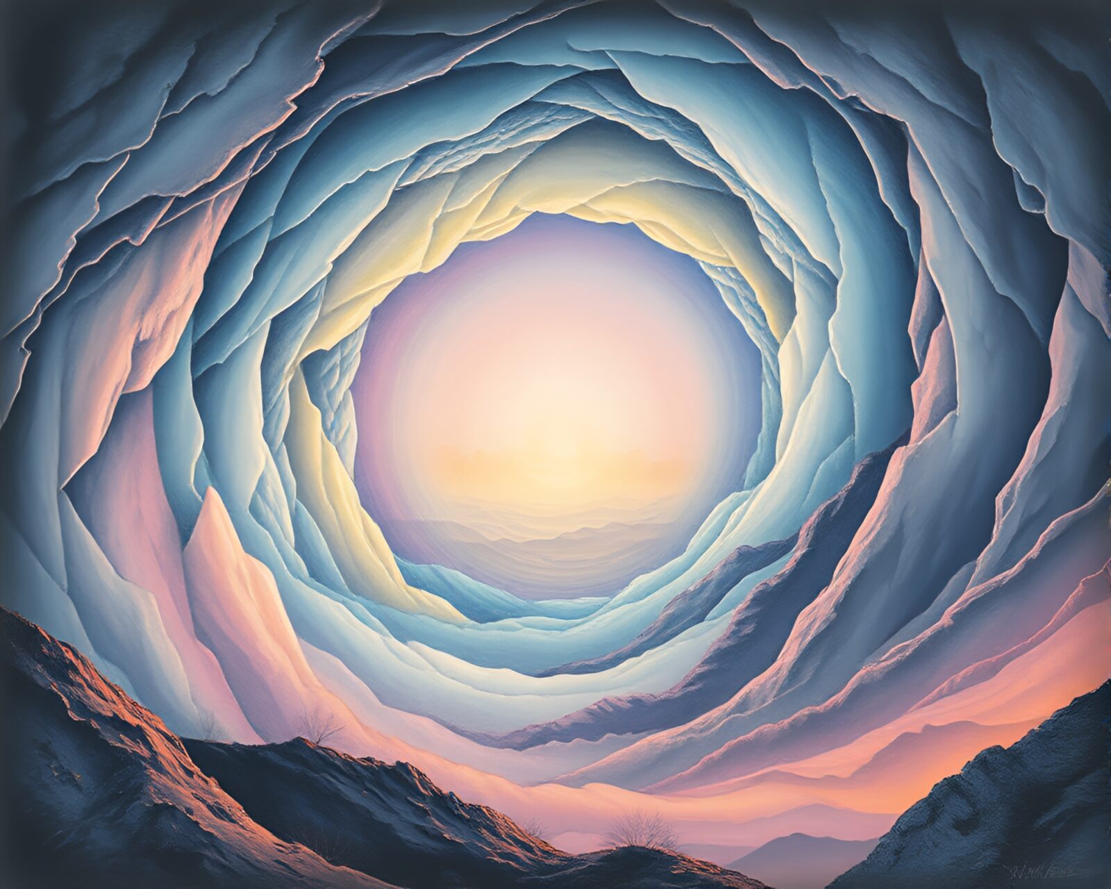 Pastel gradient vortex twisting into dimensional rift in landscape etching
