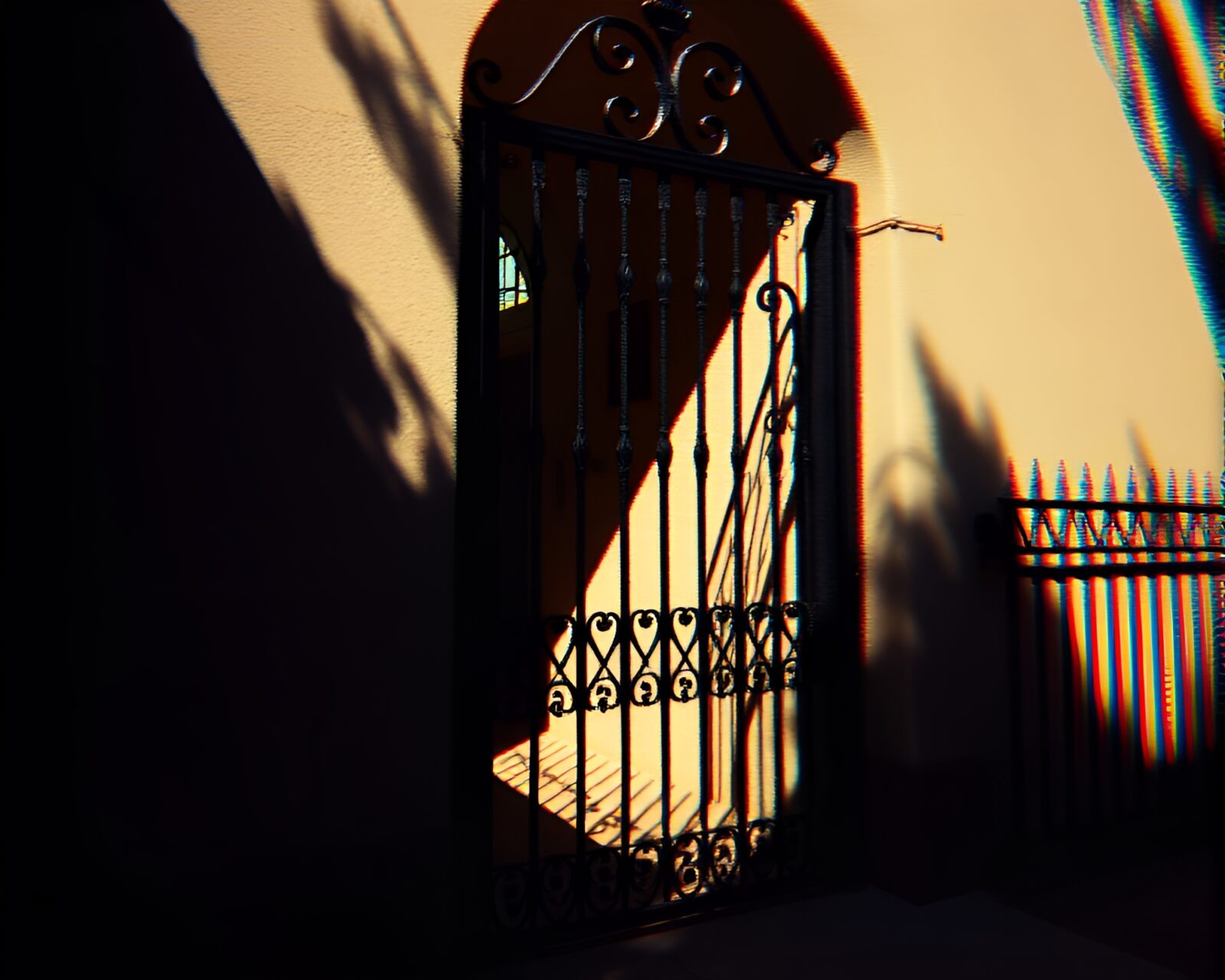 Glowing glitch colors cast shadows on elaborate gate design
