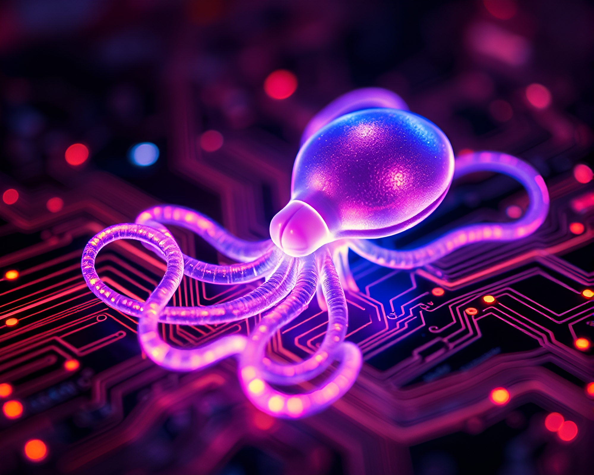 Octopus-themed Circuit Board Glowing in Firefly Light – free AI stock image