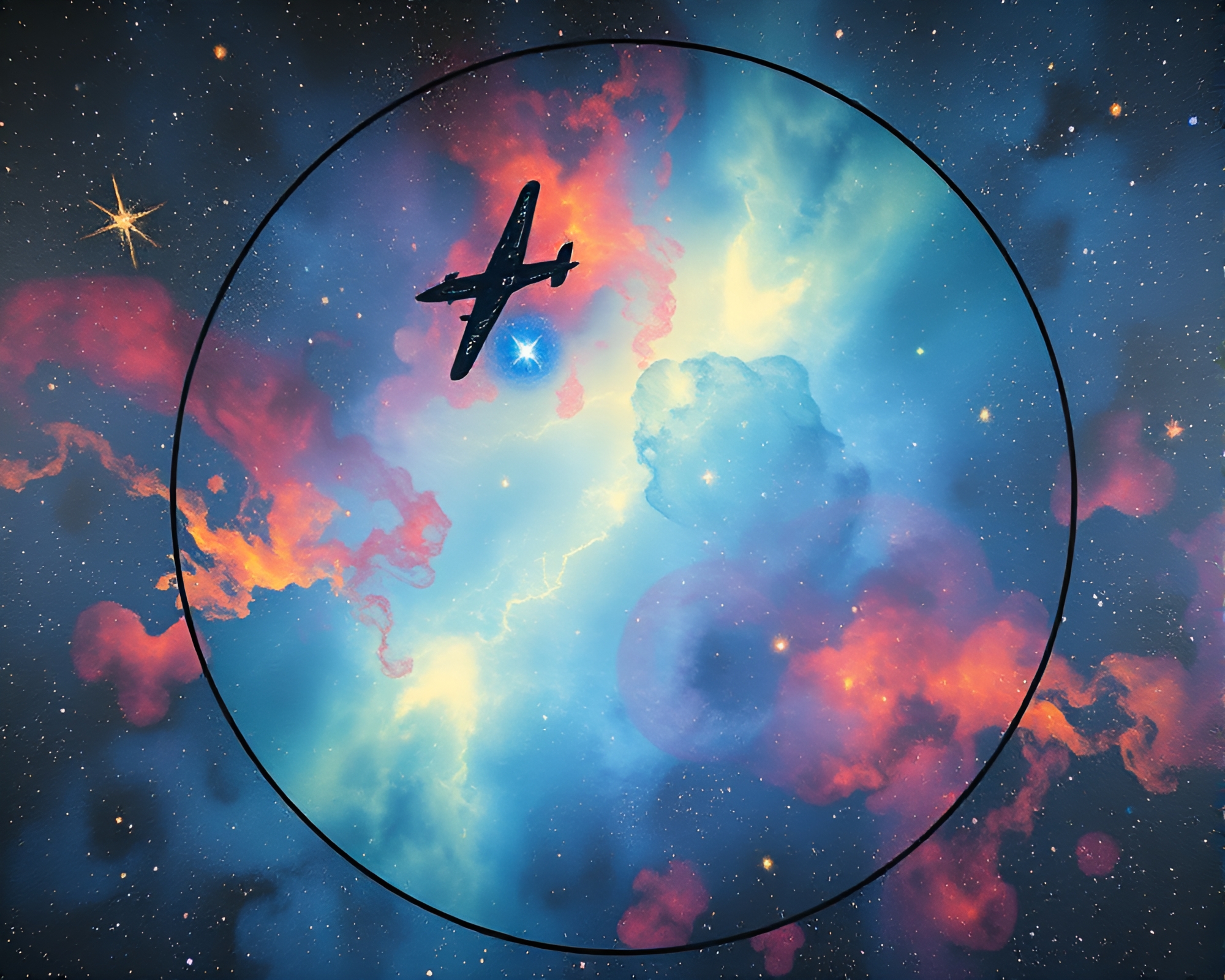 Circumnavigating Cosmic Skies: Sgraffito Airplane Nebula – free AI stock image