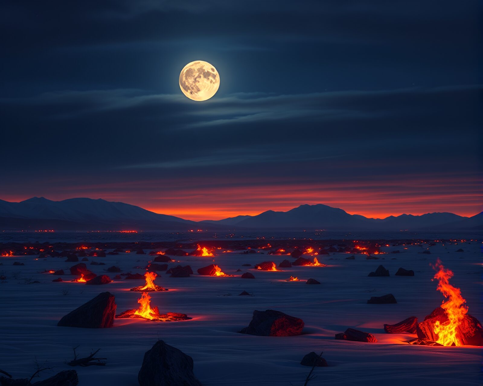 Northern tundra under moonlight with floating embers, cel-shaded style