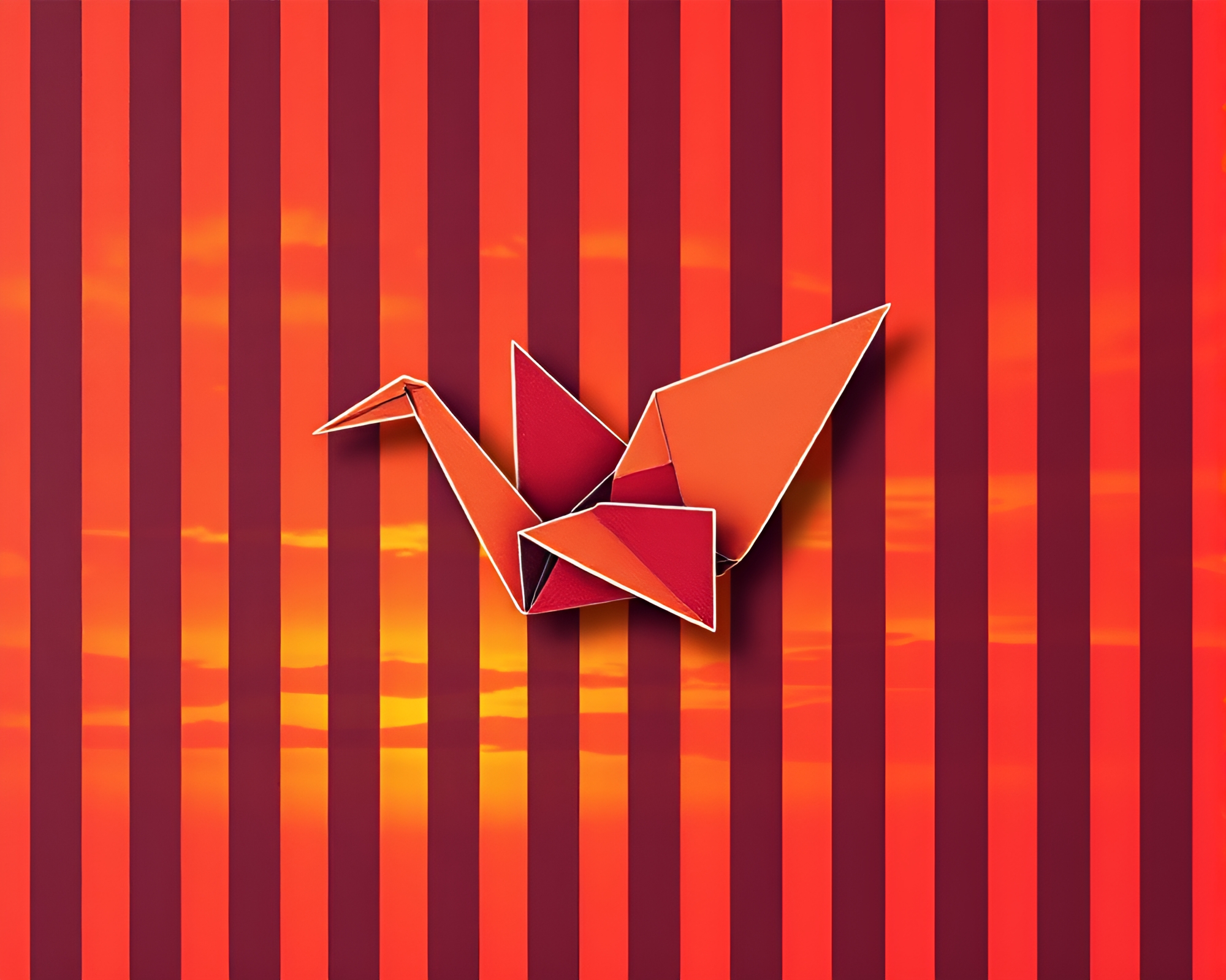 Striped Origami Crane in Warm Sunset Trompe-l’oeil – free AI stock image