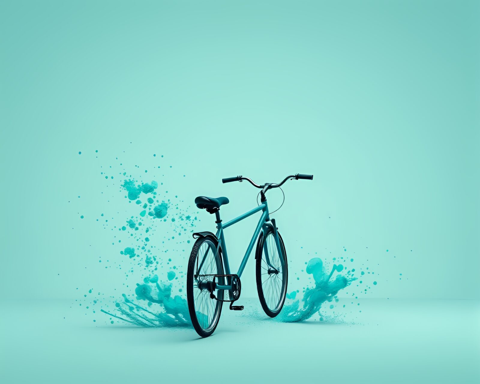 Detailed turquoise CGI bicycle surrounded by intricate ink splashes