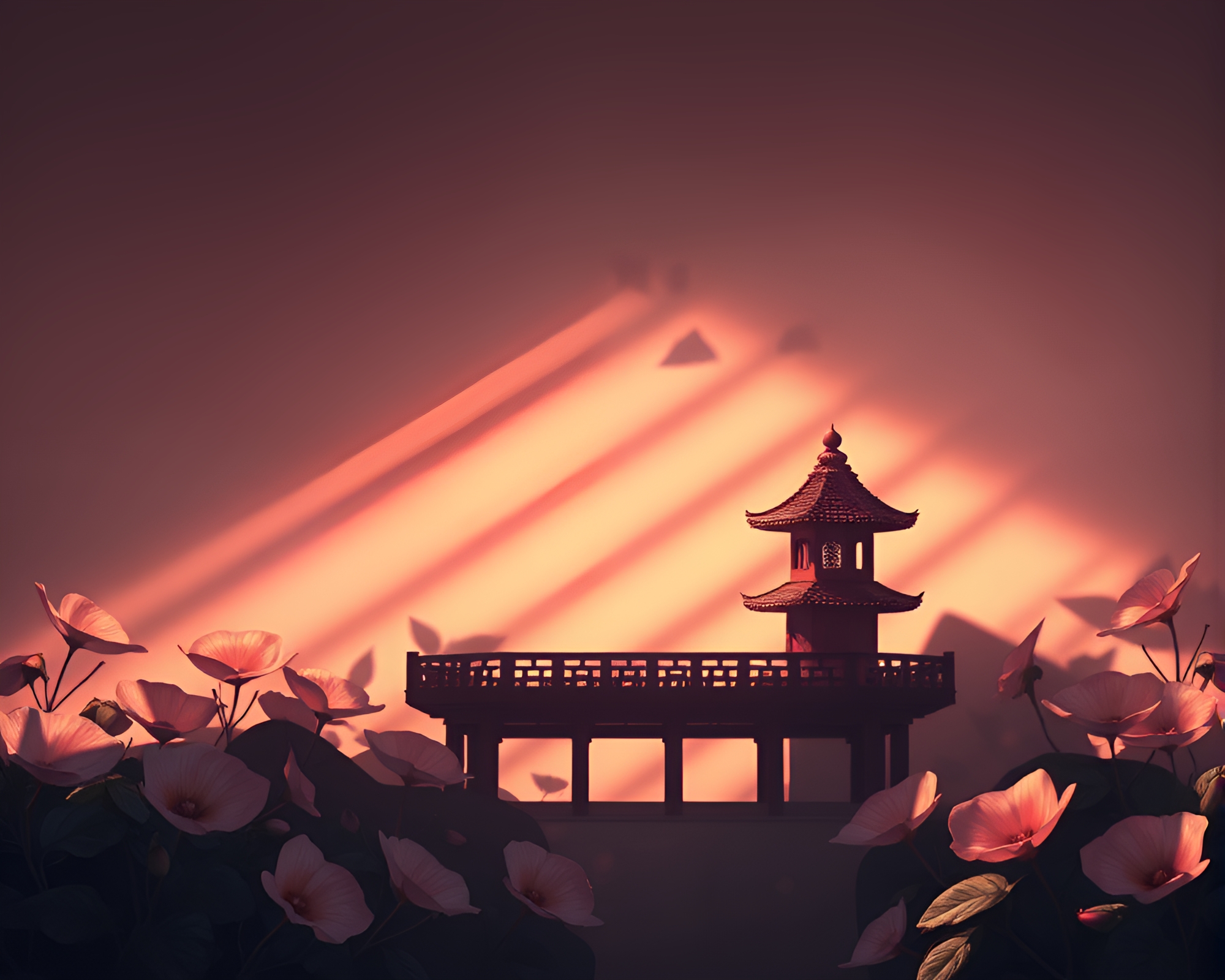 Pagoda silhouette with flower petal shadows – free AI stock image