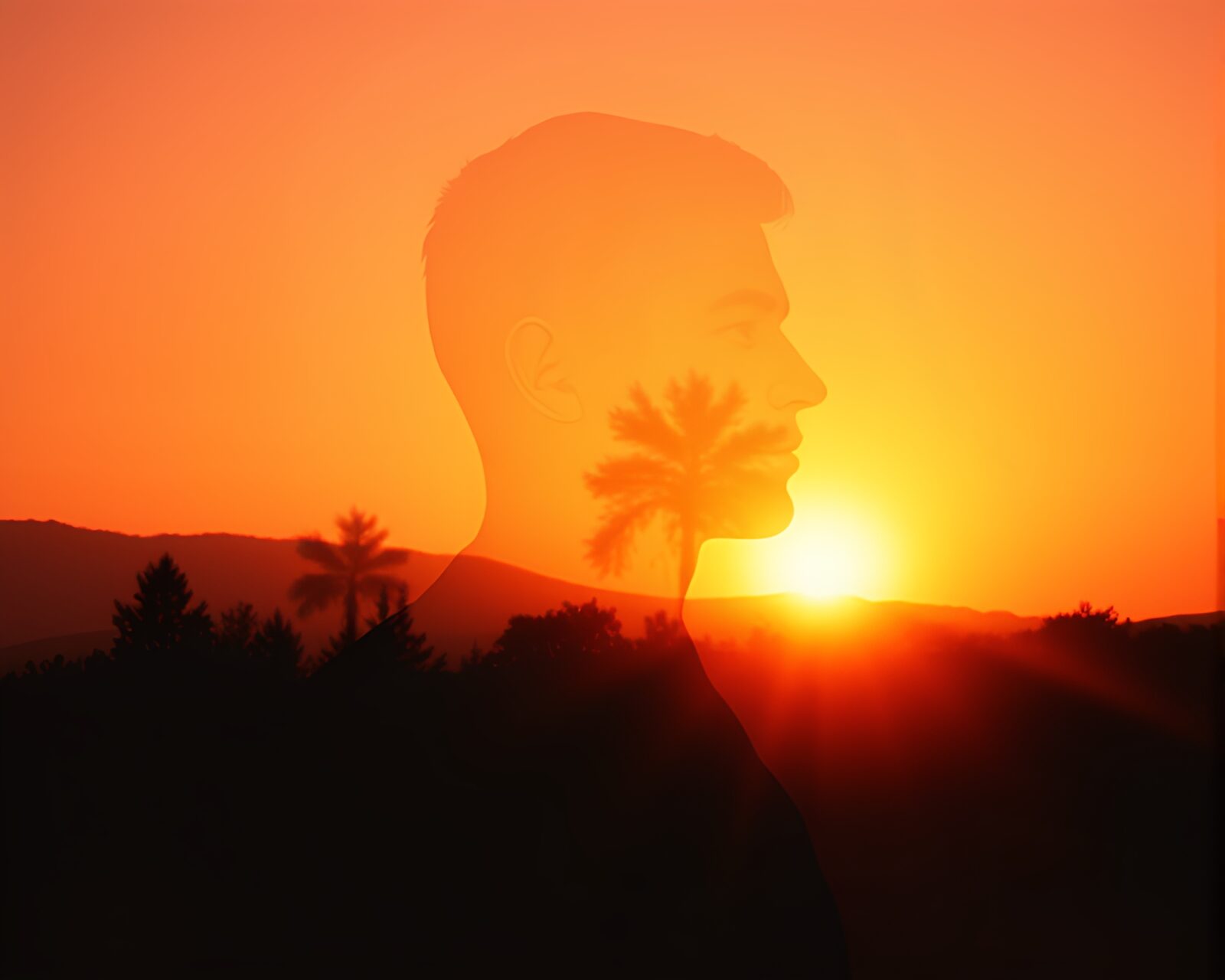 Colorful vaporwave sunset in double exposure with crosshatch shading