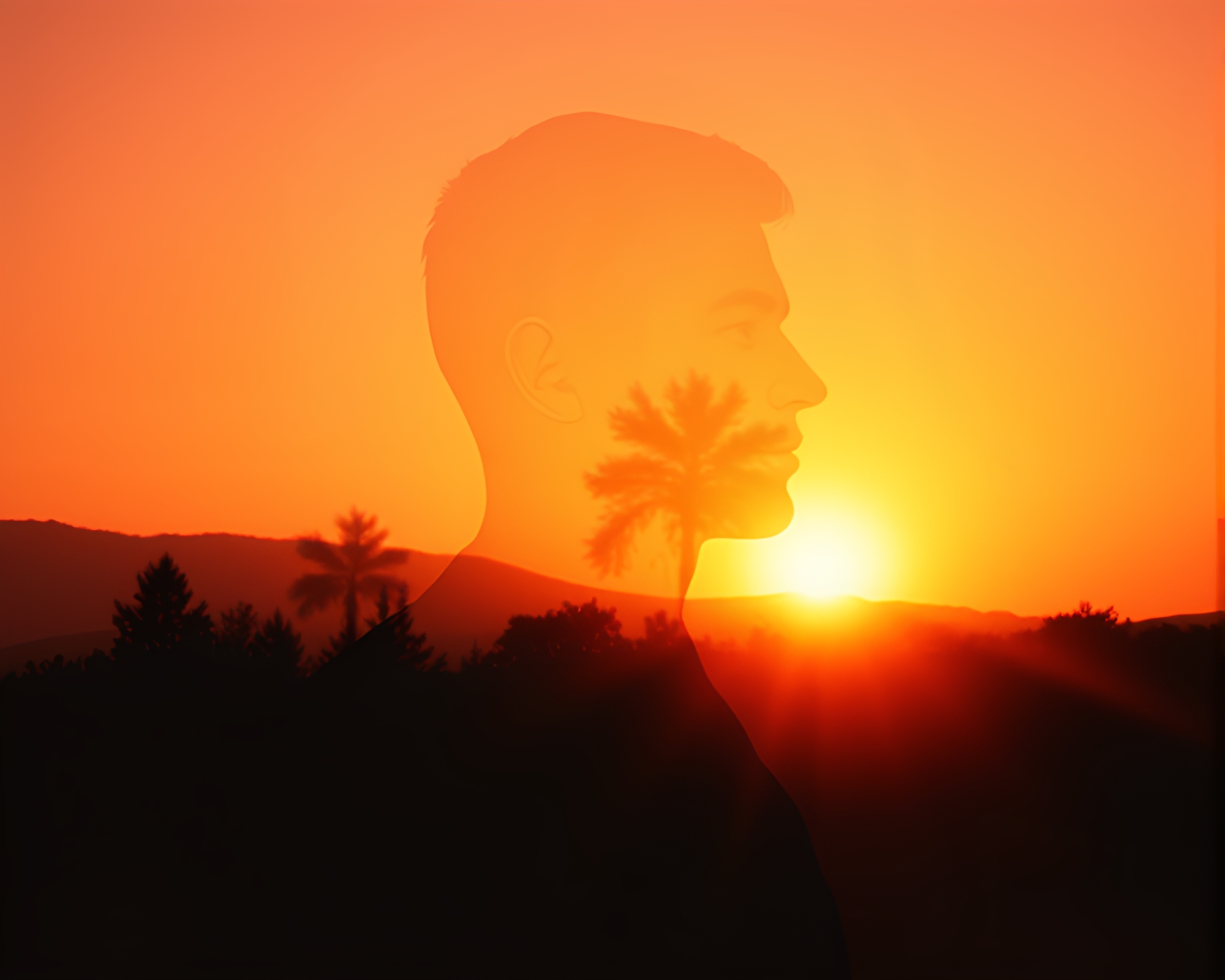Vaporwave Sunset Double Exposure Crosshatch Fantasy – free AI stock image
