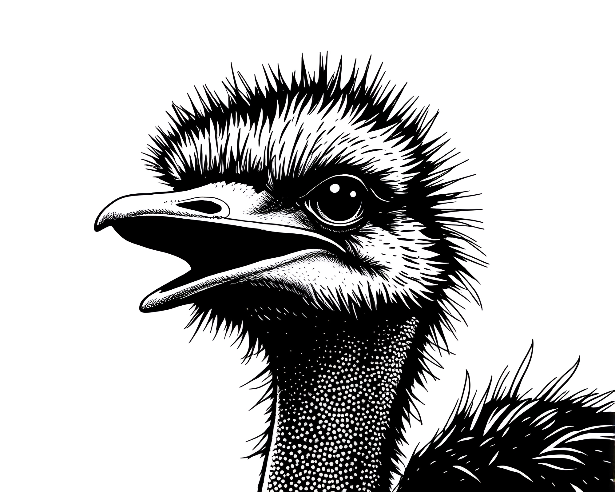 Stippled Monochrome Anime Ostrich in Blue World – free AI stock image