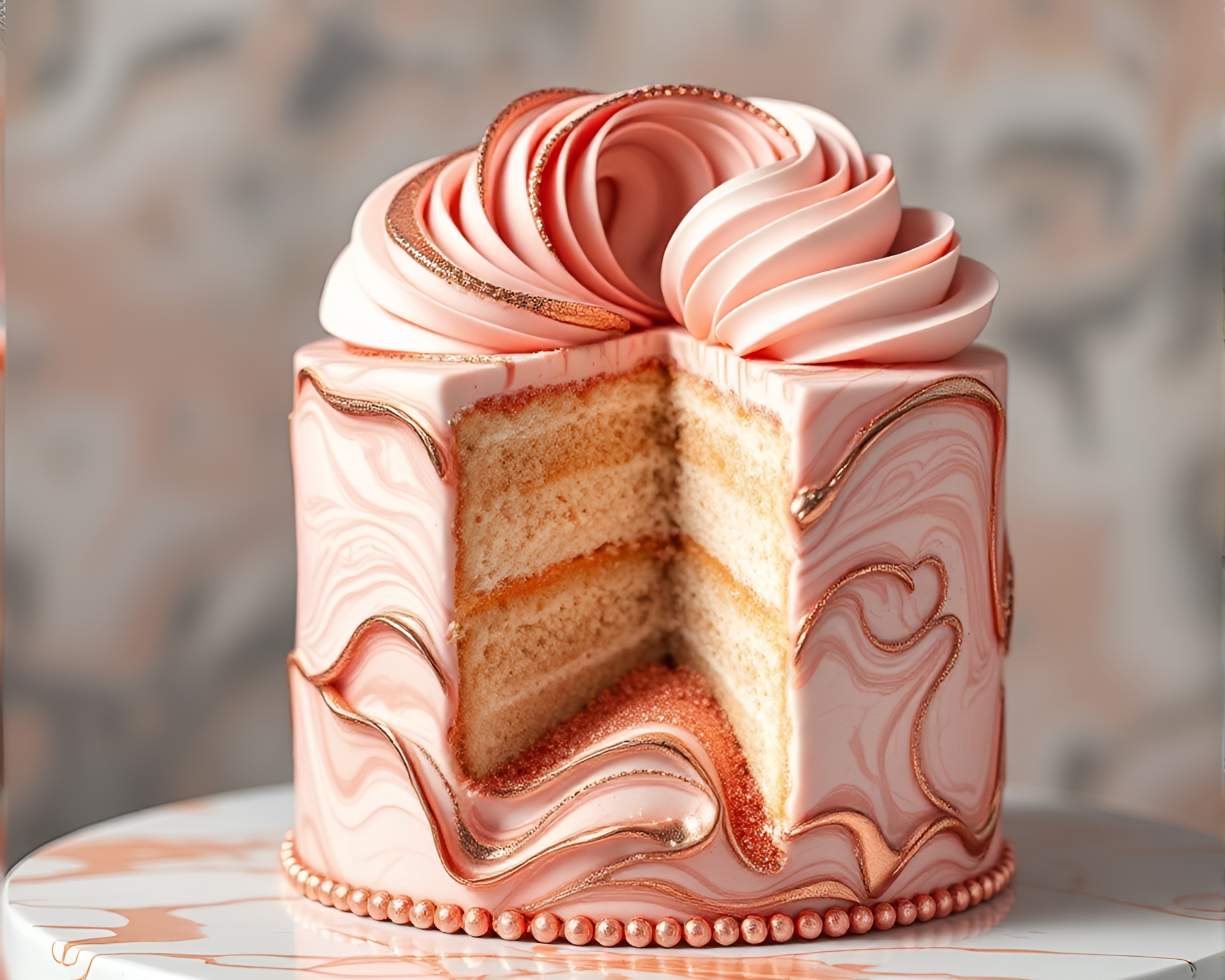 Rose Gold Marbled Cake Zoom Burst – free AI stock image