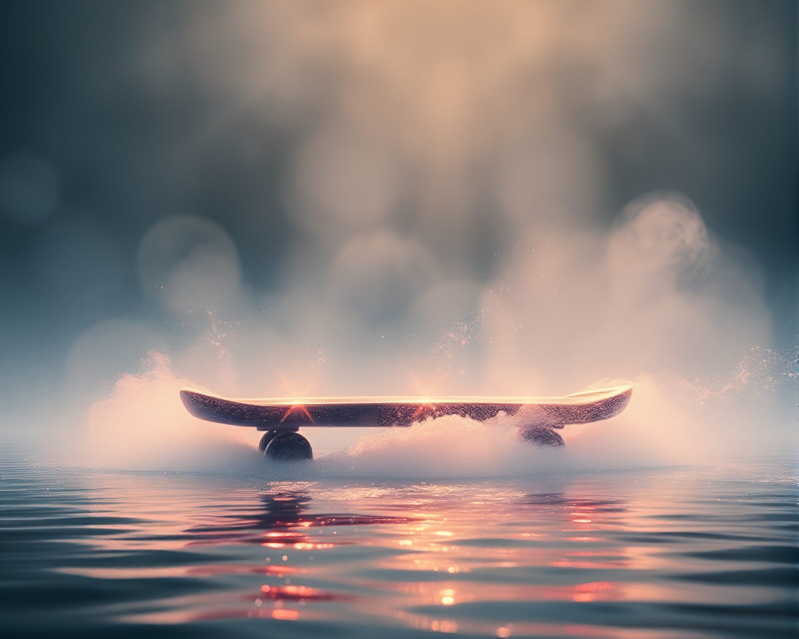 Futuristic hoverboarder navigating through particle-filled water with diffused lighting