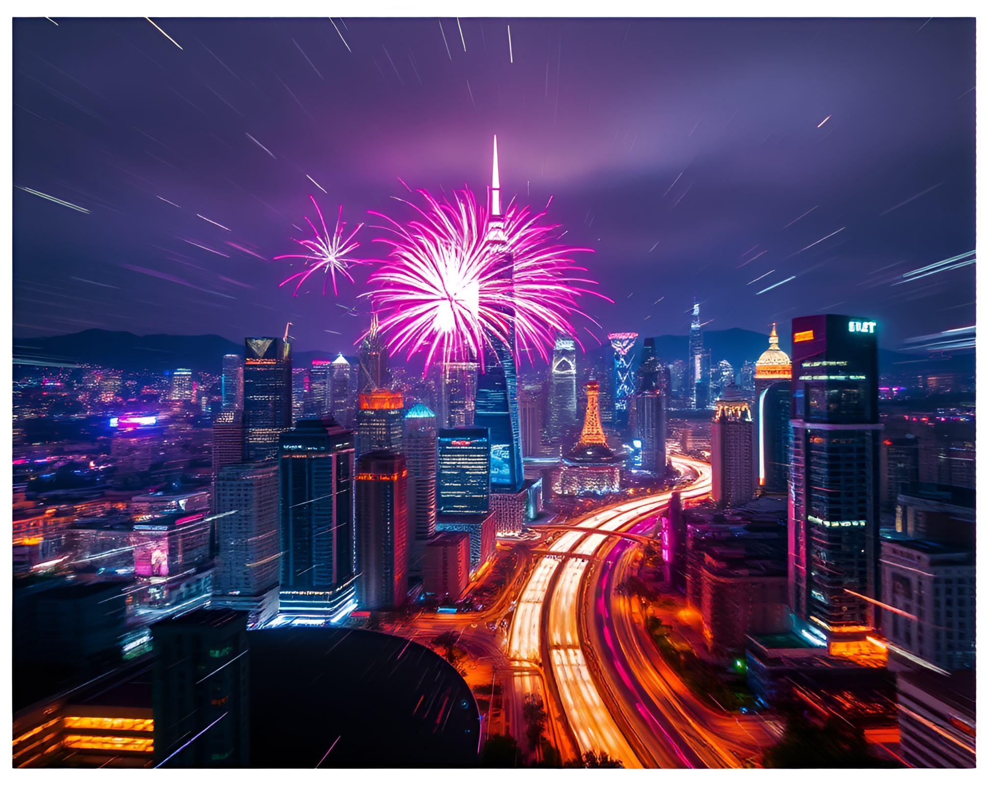 Banshee in Utopian Zoom Burst Cityscape – free AI stock image
