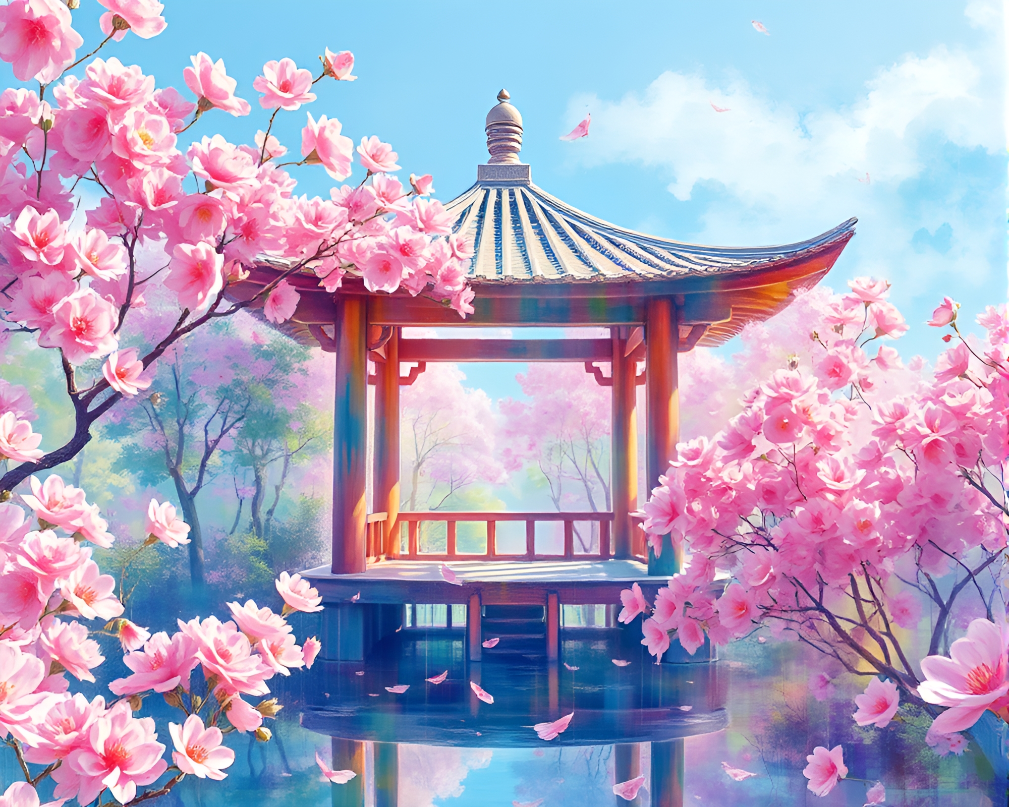 Glitch Art Pavilion Surrounded by Watercolor Blooms – free AI stock image
