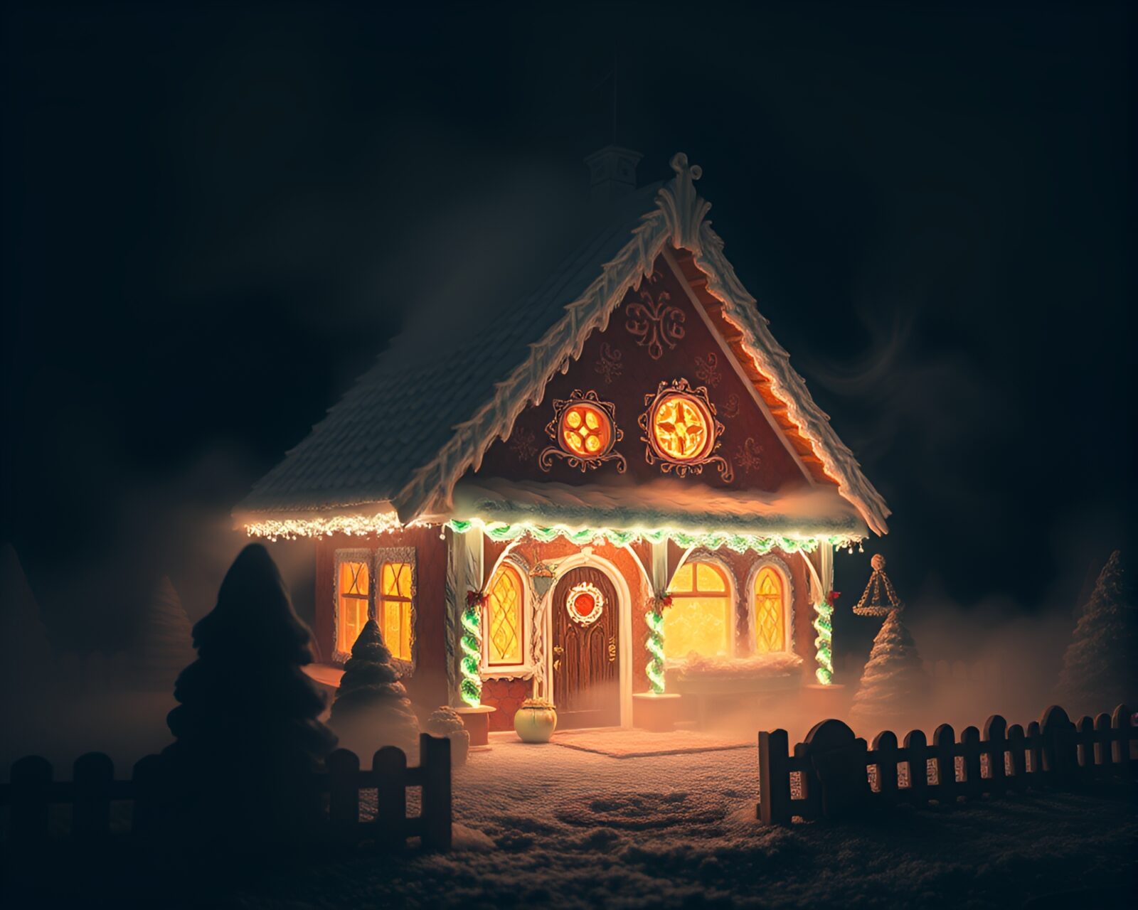 Moody long exposure photo of steam around gingerbread house