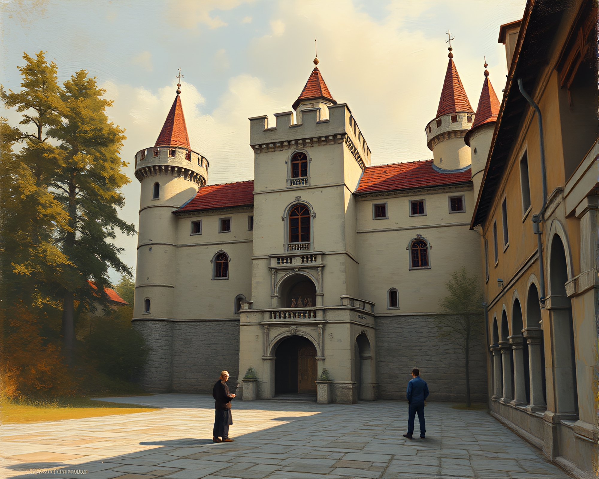Enchanting Castle Courtyard: A Candid Oil-Rich Moment – free AI stock image