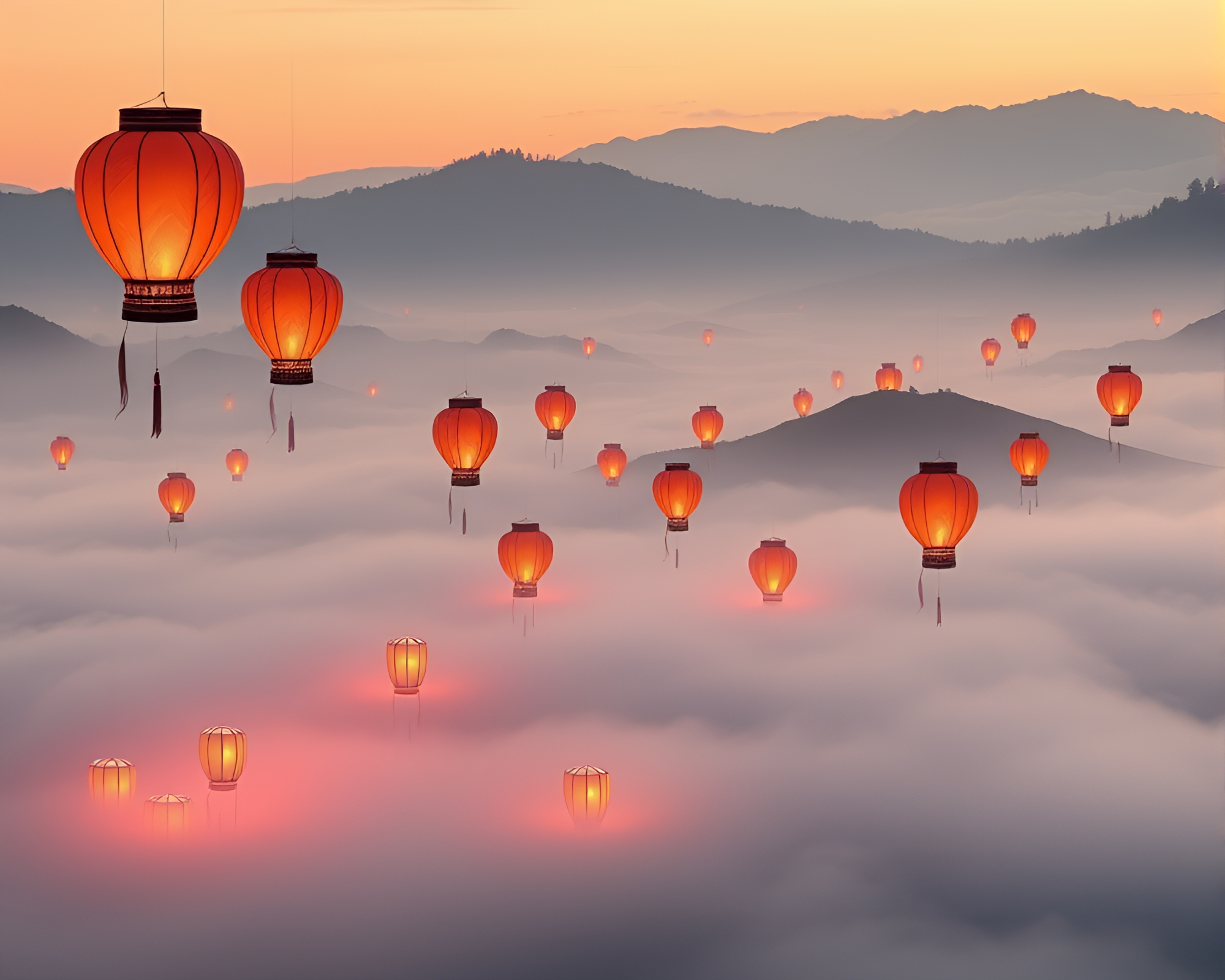 Mystical Lanterns in Earth Tone Fog Collage – free AI stock image