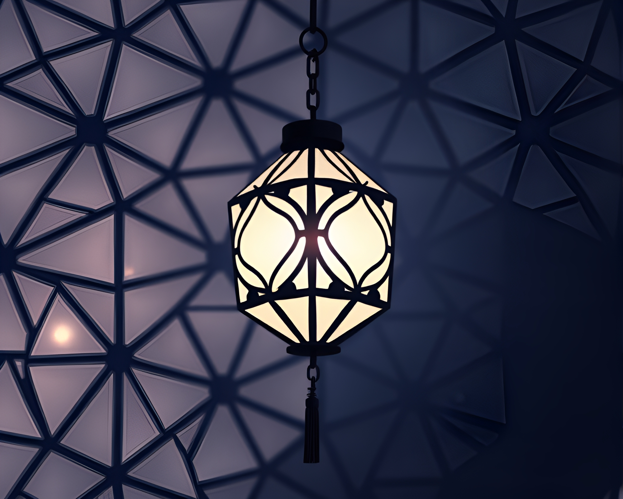 Algorithmic Lantern Dance: Indigo Geometric Mystery – free AI stock image