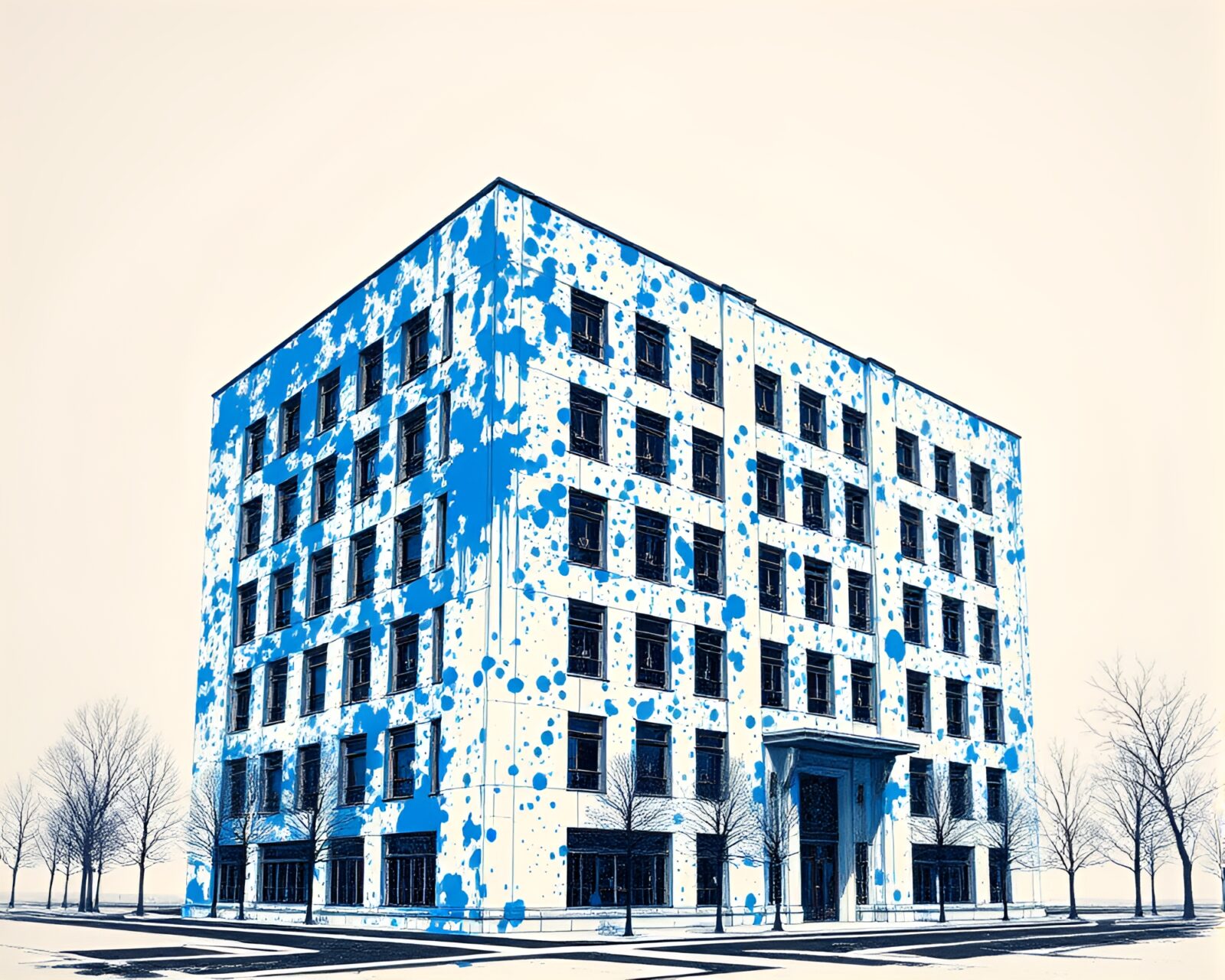 Screen-printed image of cobalt blue accented brutalist building with acrylic splatters.
