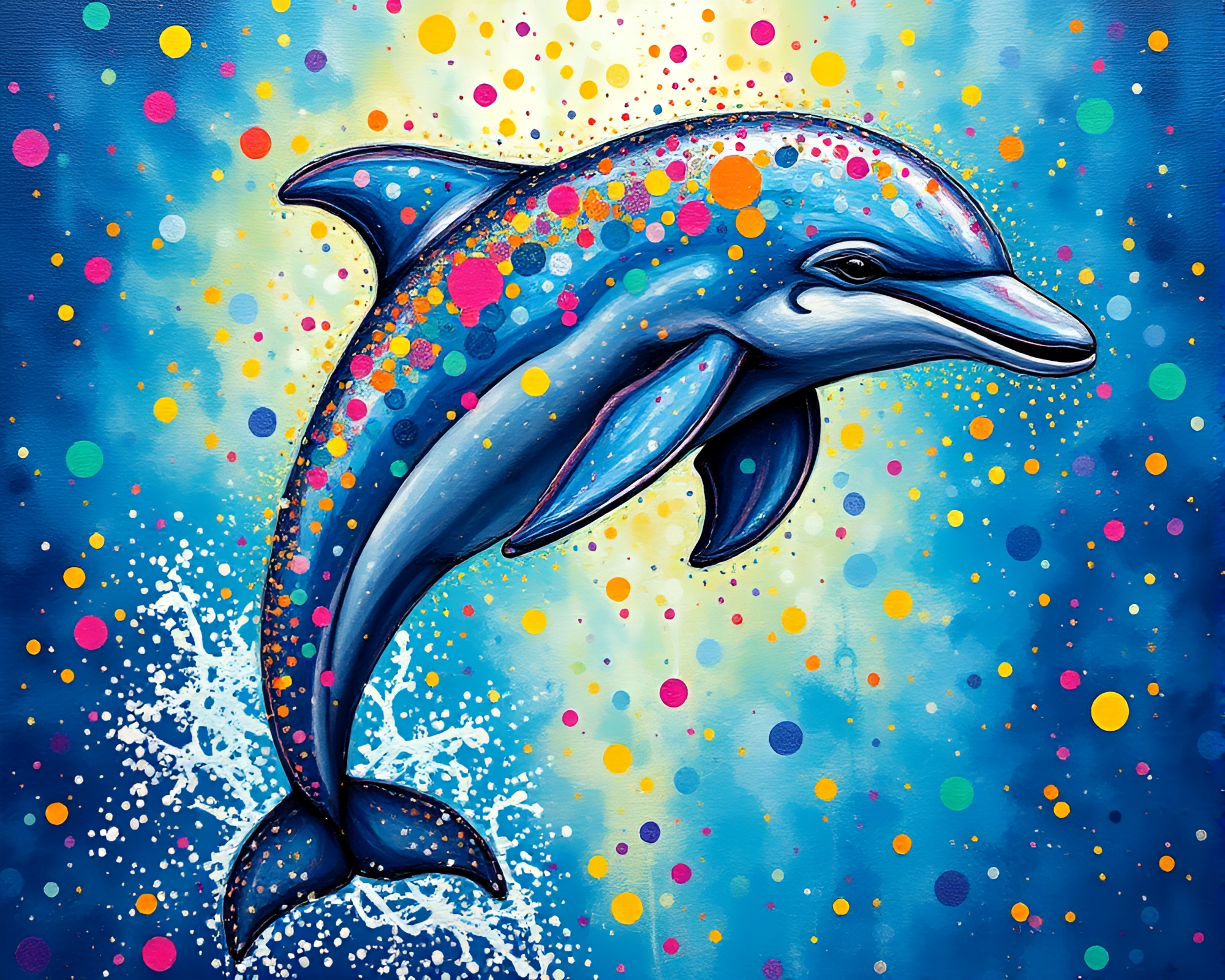 Sparkling Dolphin Dance in Vibrant Pointillism Seascape – free AI stock image