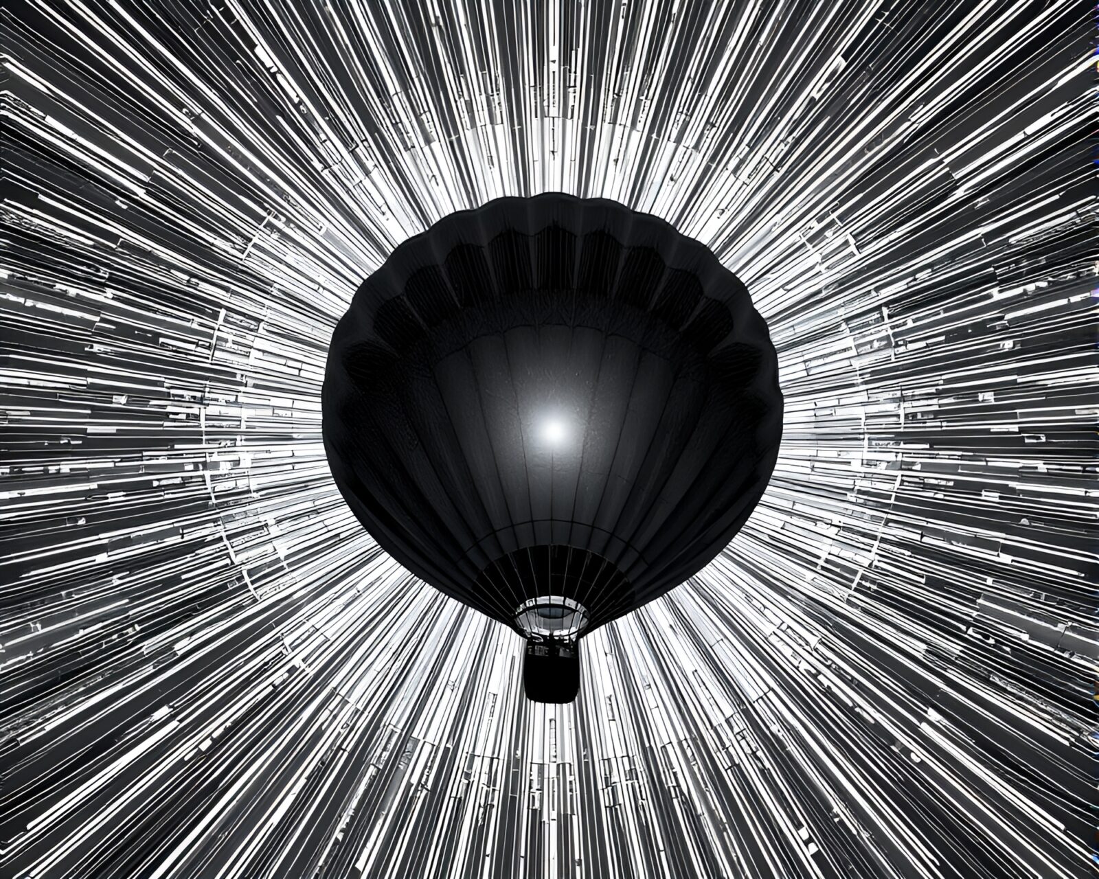 A graphite gray sky with lens sunburst illuminating a hot air balloon in generative art style.
