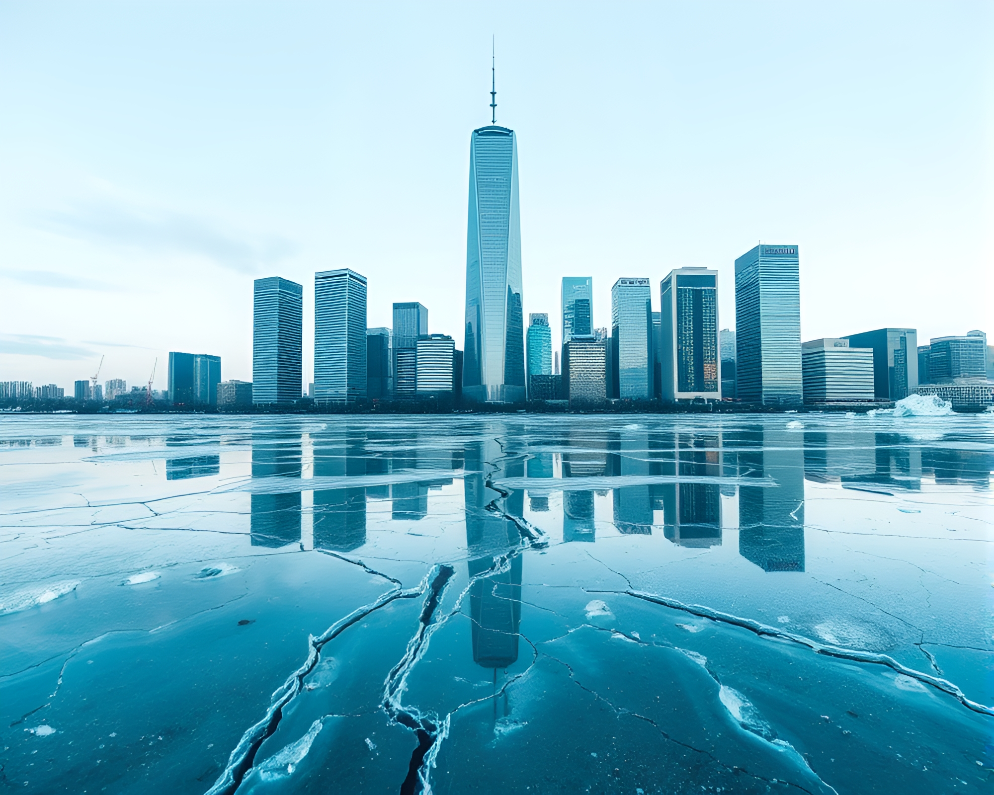 Teal-Serene Skyscraper Mirage on Ice Crack – free AI stock image