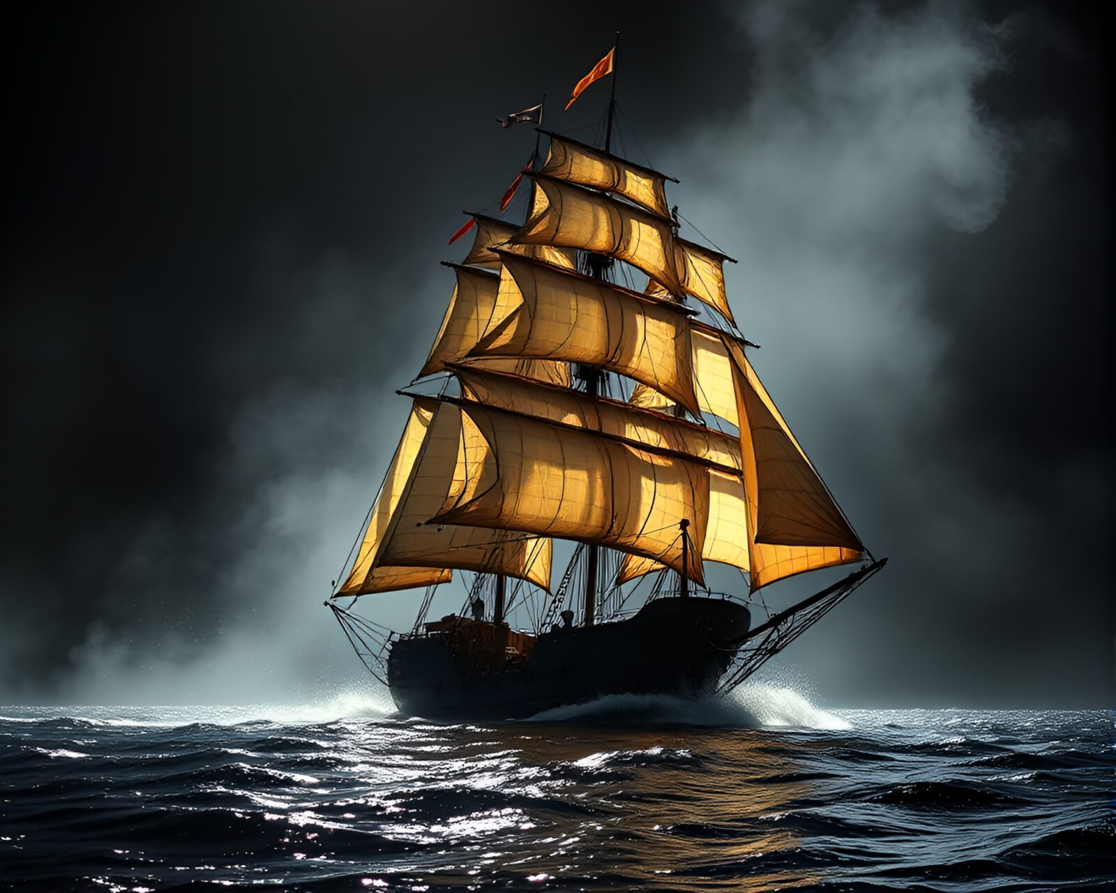 Majestic sailing ship with intricate foil details under soft lighting