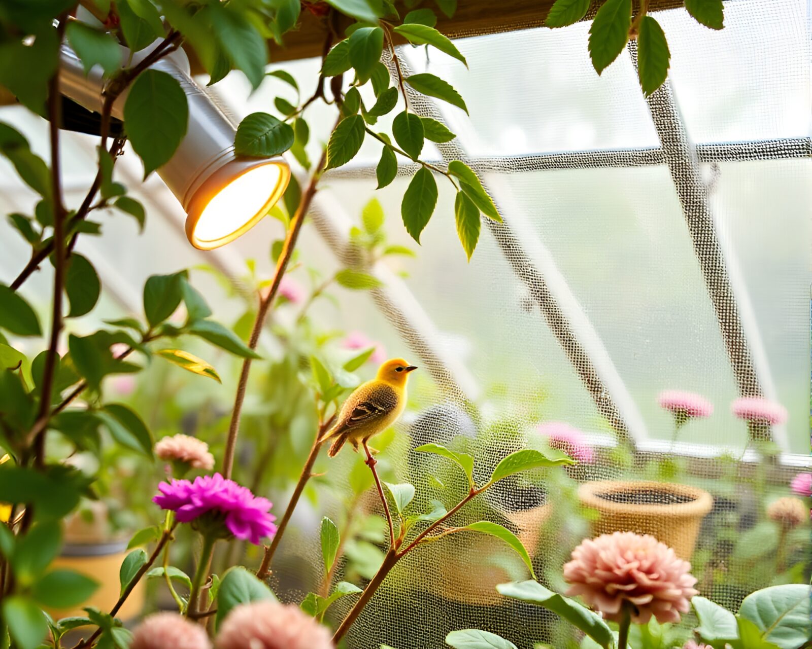 Detailed embroidery in a spotlight focused glass greenhouse setting