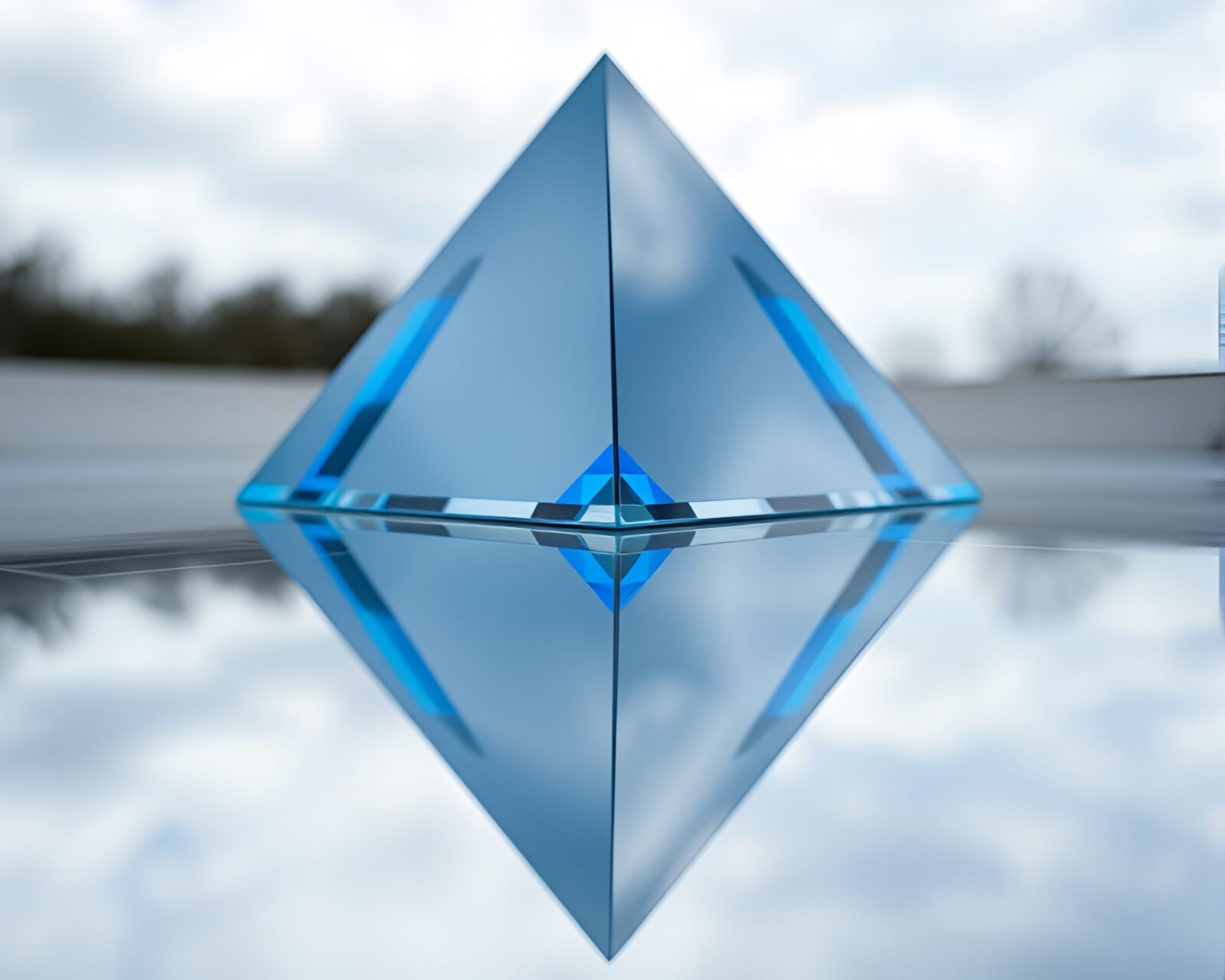 Shallow depth of field image of mirrored glass pyramid