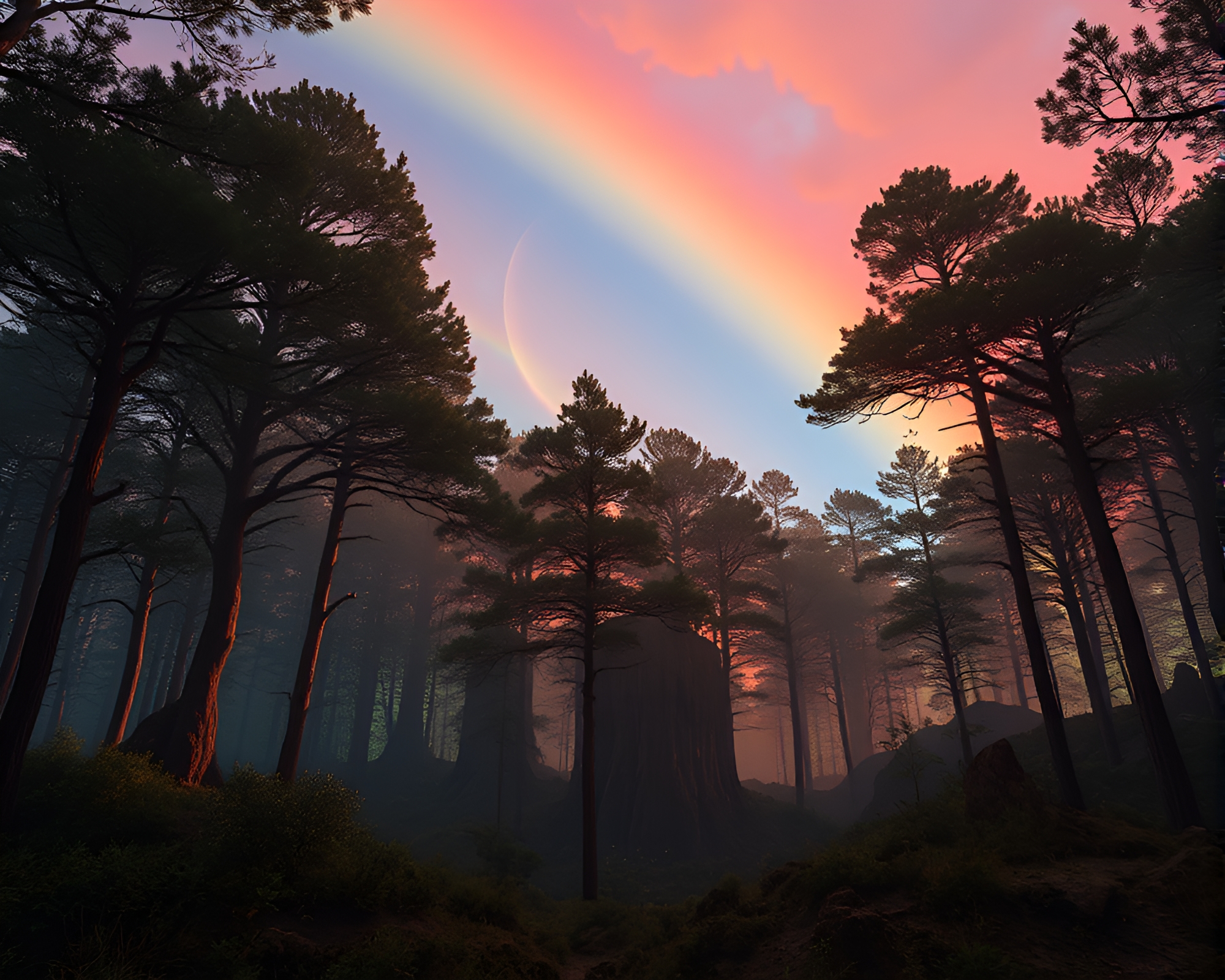 Dystopian Ancient Grove with Oil Slick Rainbow – free AI stock image