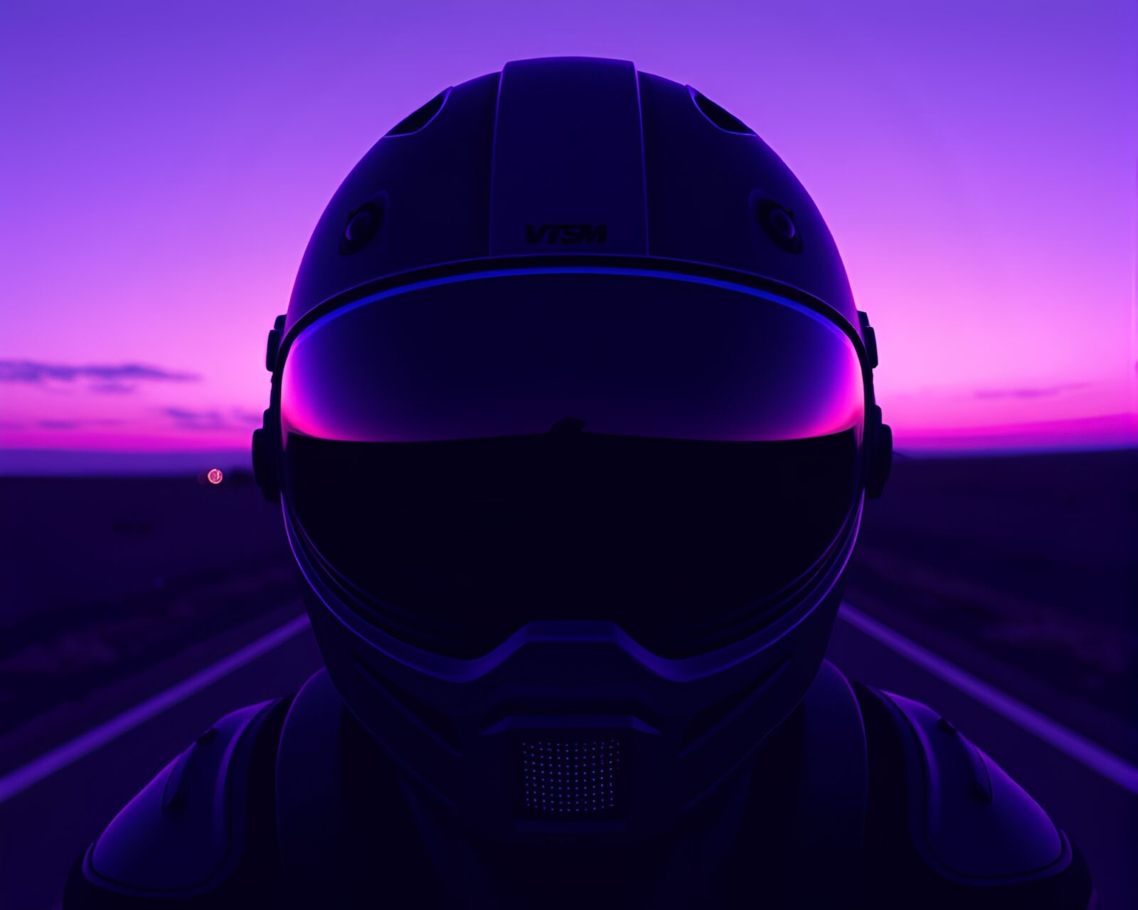 Pixelated helmet viewed from below at twilight in purple hue