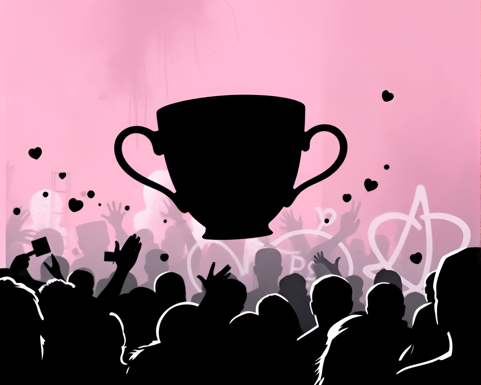Silhouettes of a diverse crowd gathered around floating tea cups amidst pastel graffiti in black and white.