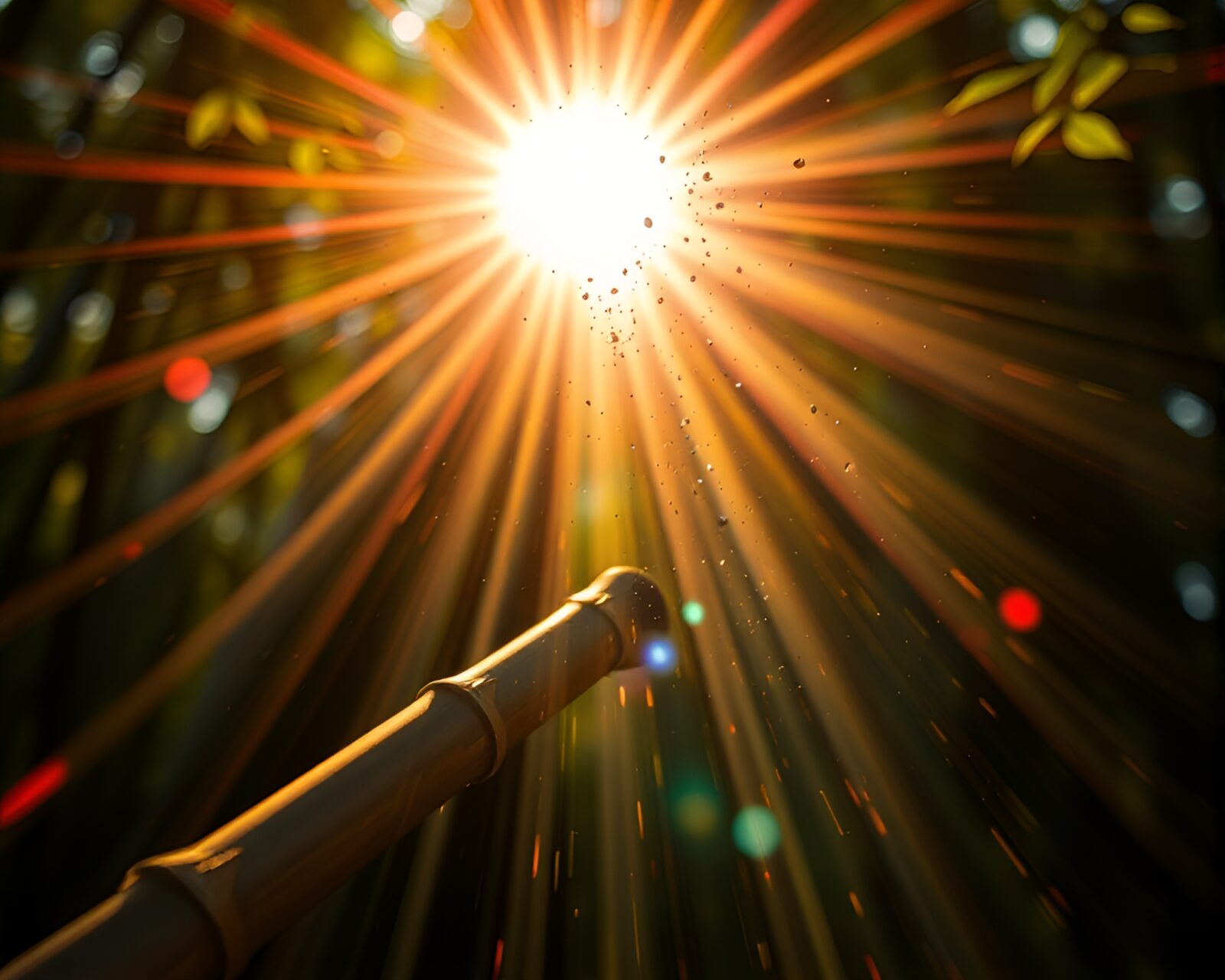 Bamboo flute player surrounded by vibrant colored sunbeam splatters