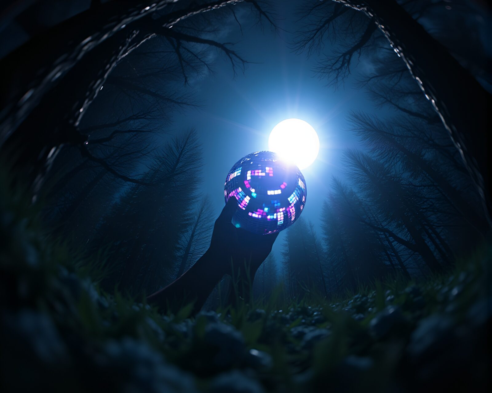 AI-generated style image of wolf beneath disco ball