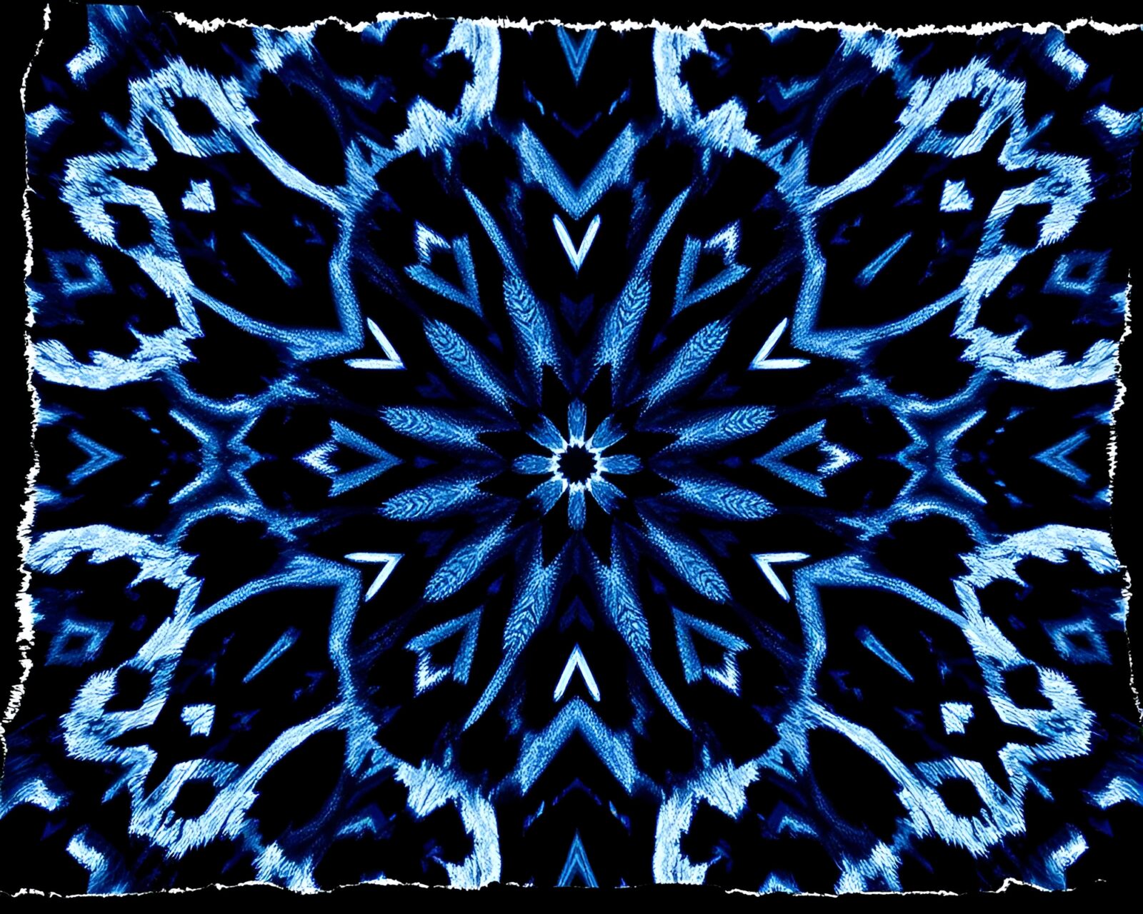 Ethereal kaleidoscope pattern with torn edges in mysterious indigo hue