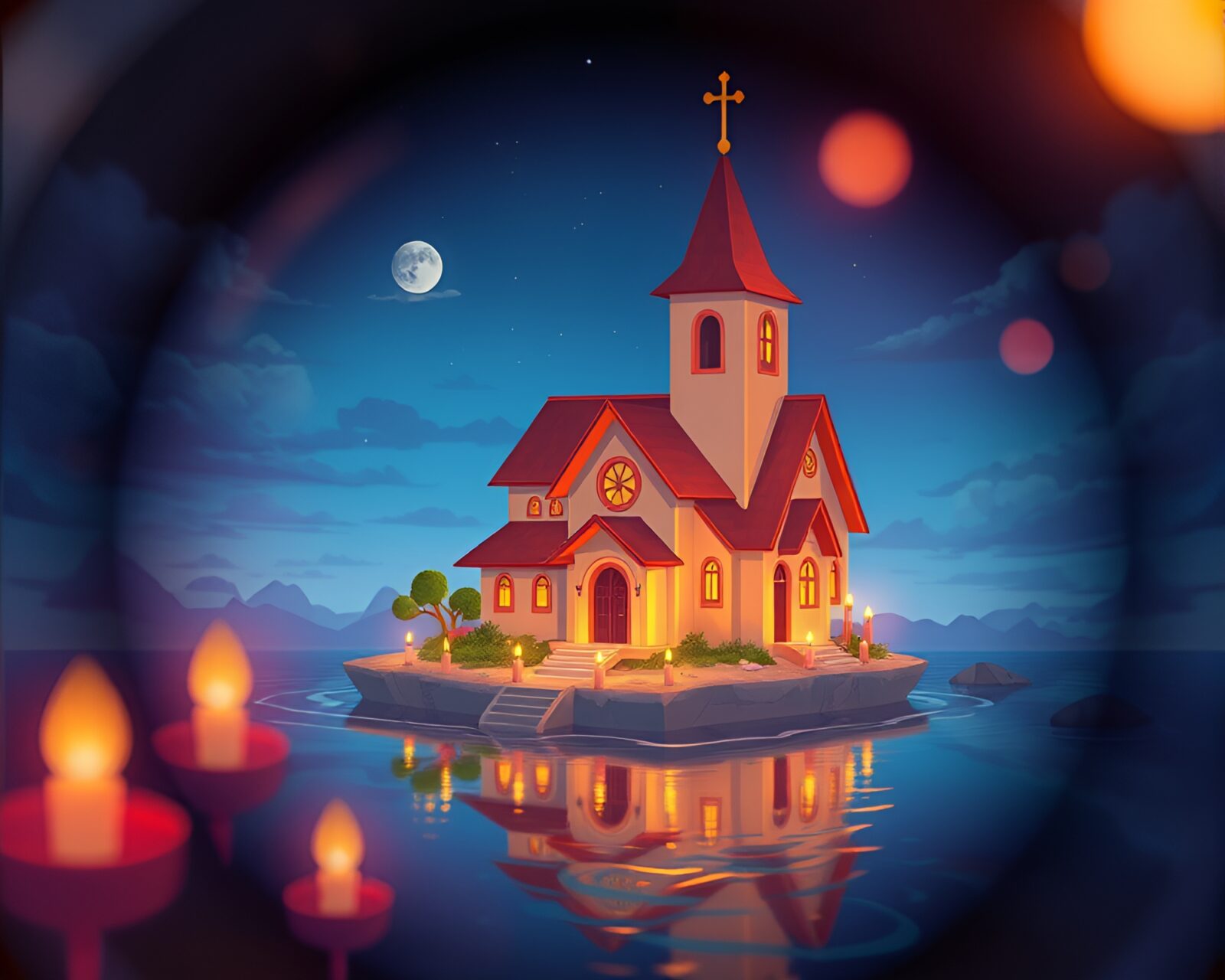 Cartoon style image of a floating island at night