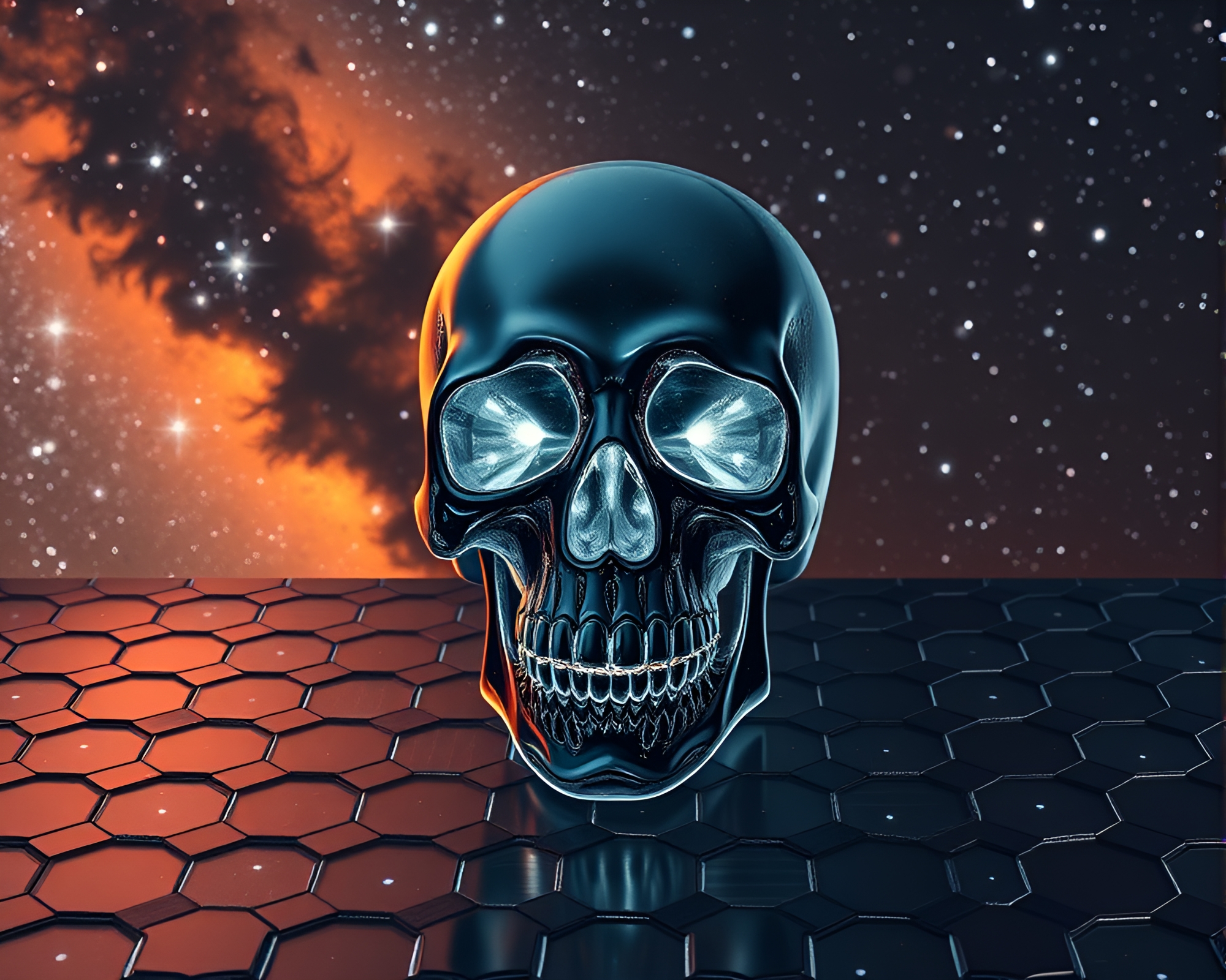 Enigmatic Crystal Skull in Noir Starlit Hexagonal Setting – free AI stock image