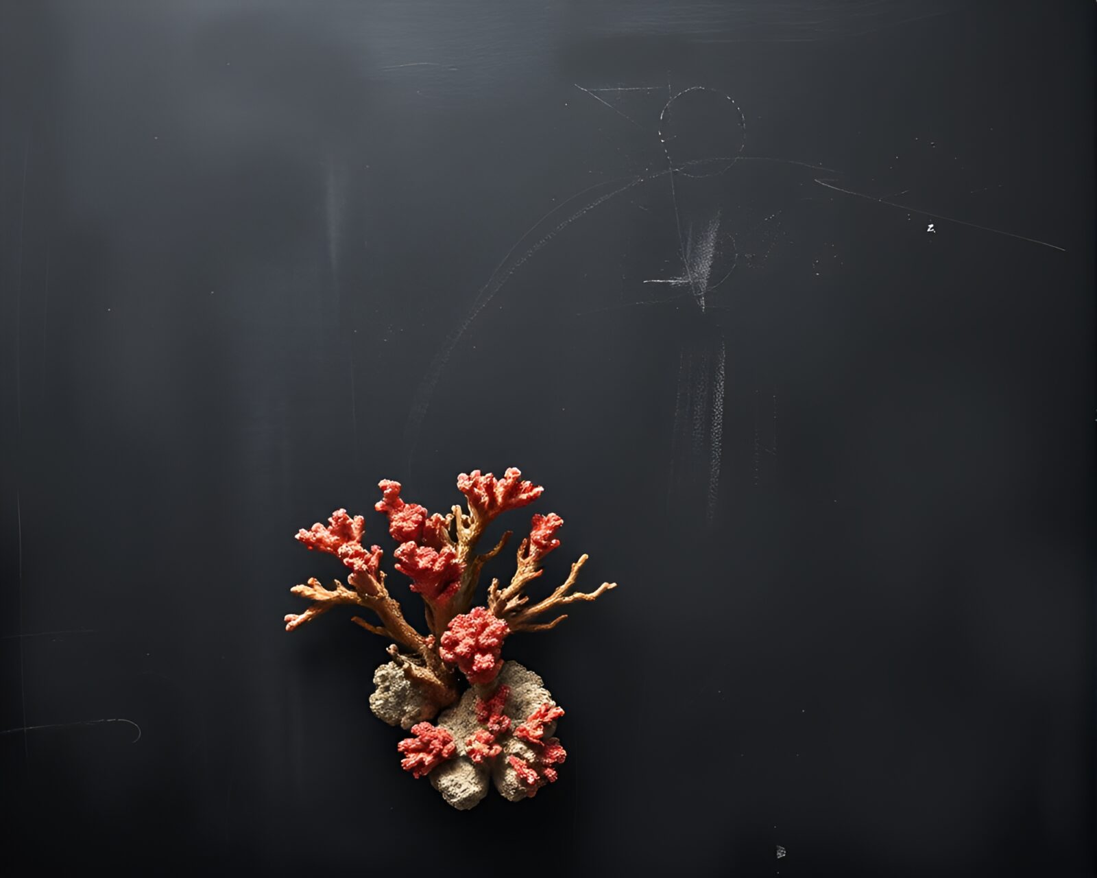 A graphic novel-style illustration of a coral atoll on a chalkboard with lens vignette lighting