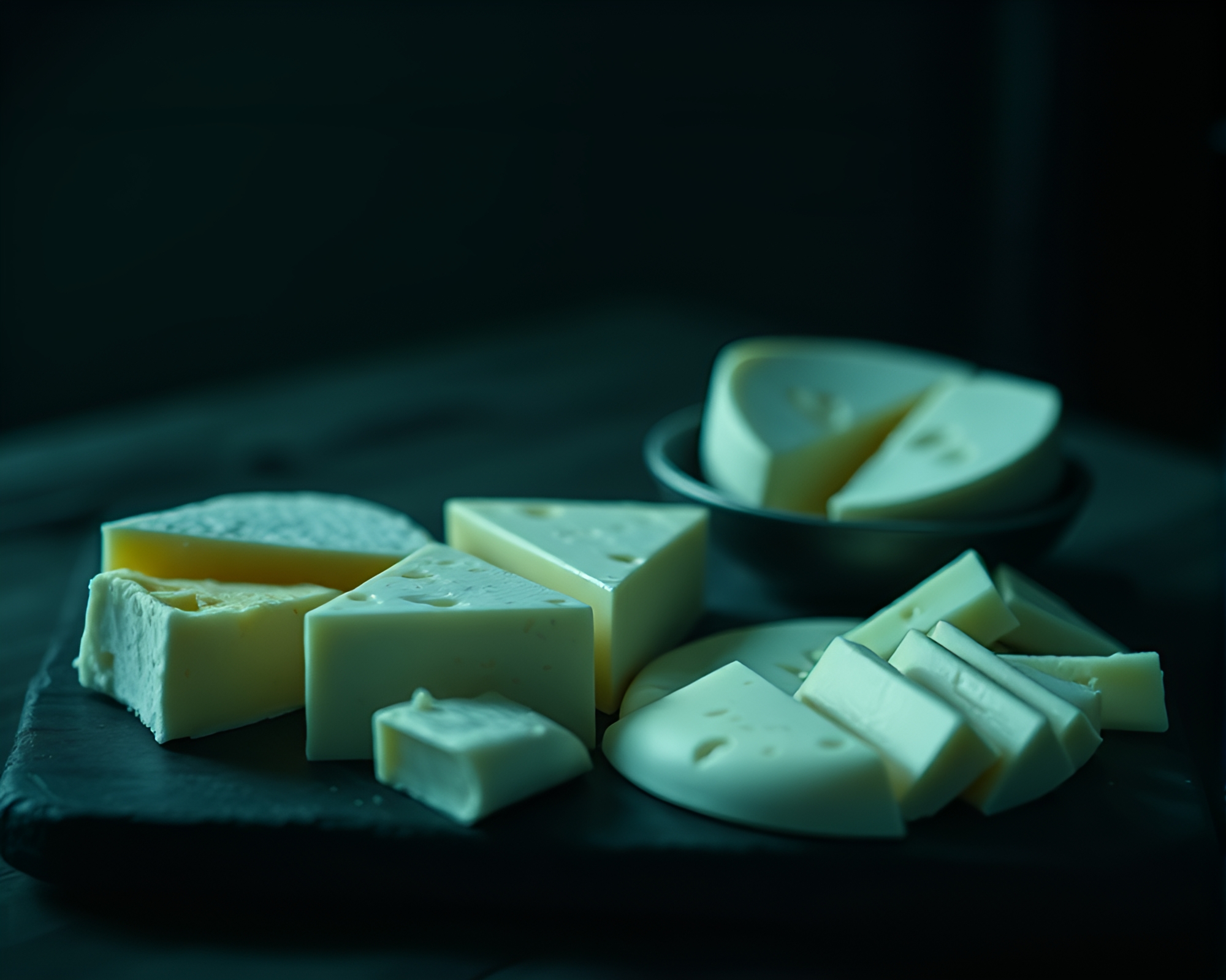 Teal Serenity in Monochrome: Cheese Platter with Light Leaks – free AI stock image