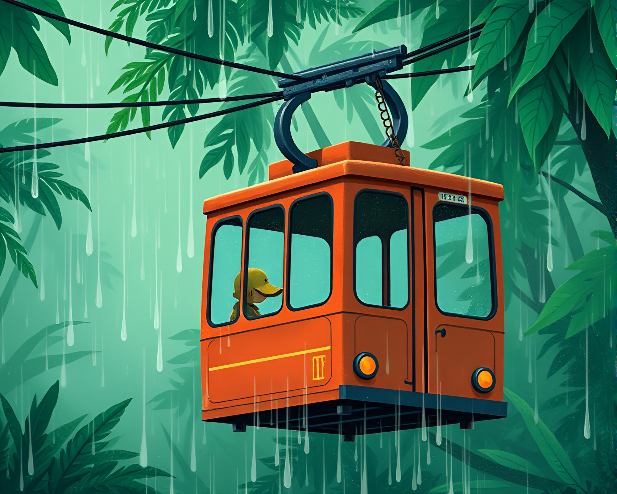 Rainforest Cable Car Adventure in Children’s Book Style – free AI stock image