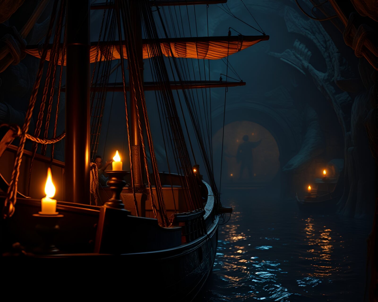 Macro detail of candlelit scene on ancient wooden ship