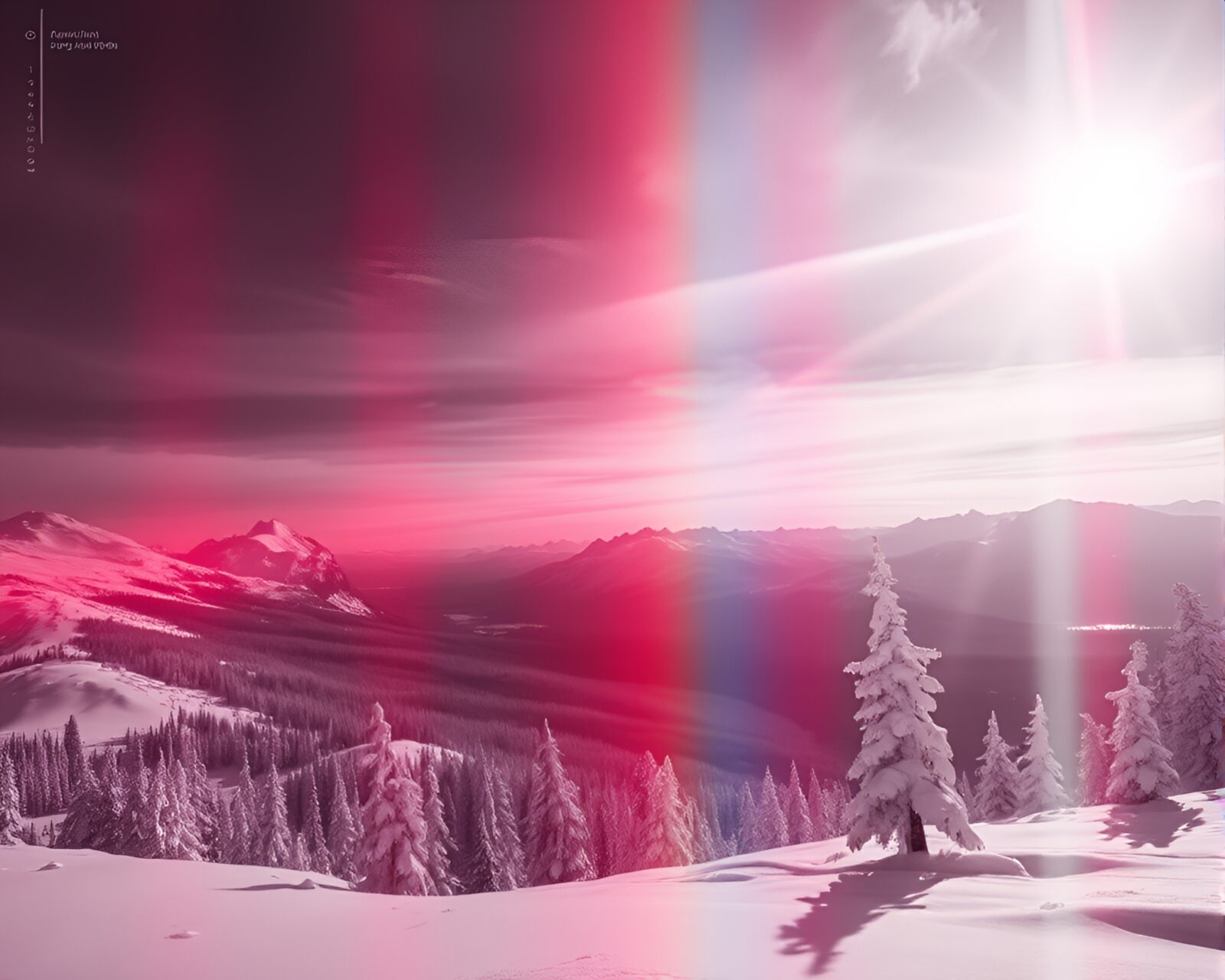 Monochrome red image blending with vibrant rainbow hues on snow