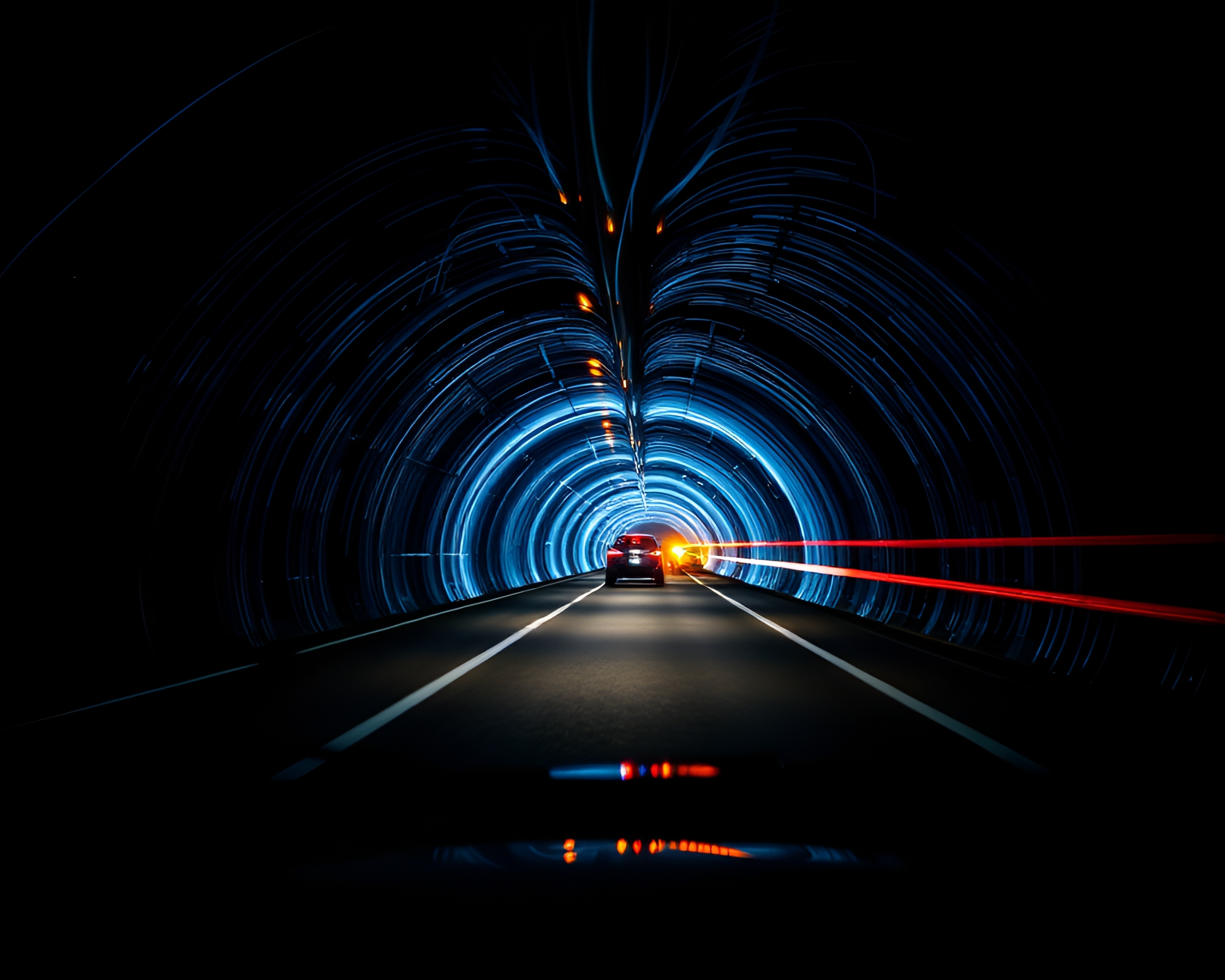 Eclipse Glass Tunnel with Hologram Car Light Trails – free AI stock image