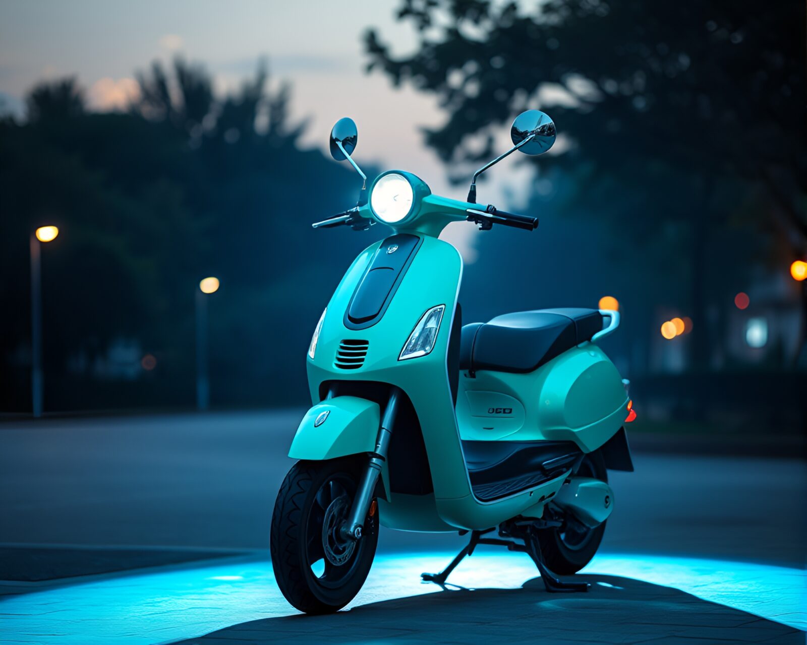 Backlit silhouette of an electric scooter in serene teal lighting.