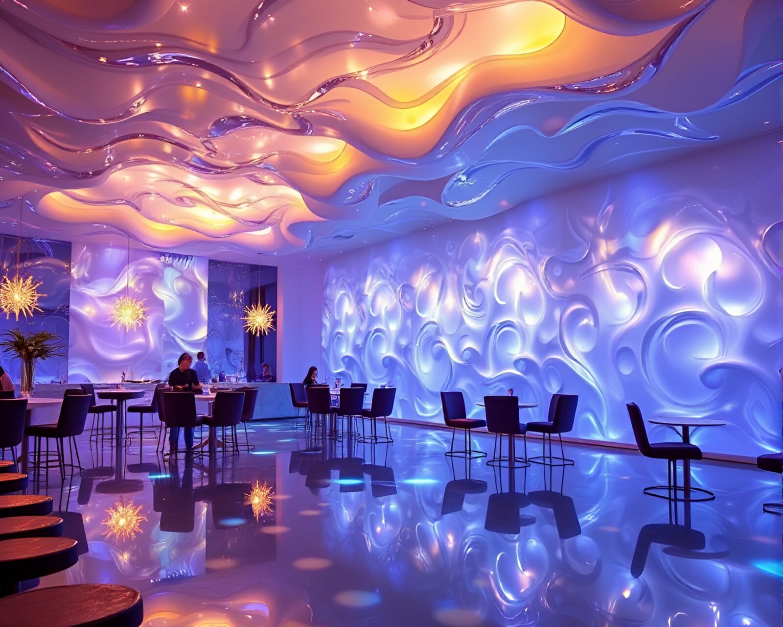 Vibrant Murano glass with fluid light simulation in club setting