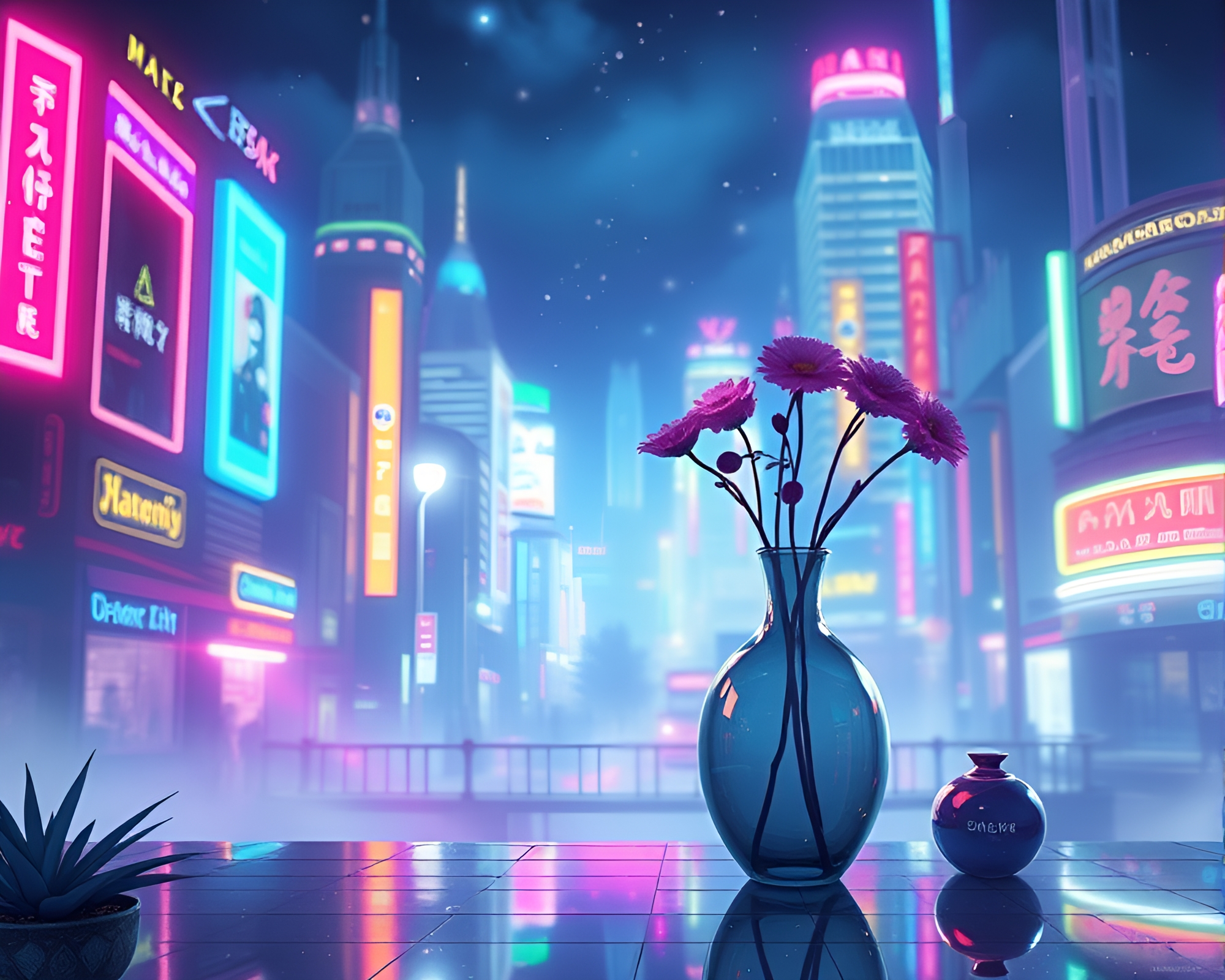 Neon City Glow Vase: Fantasy Light Leaks Illustration – free AI stock image