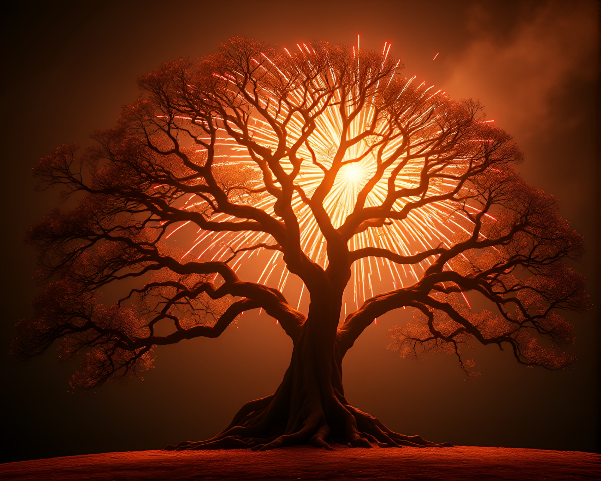 Ancient Tree with Fireworks Bursts in Data Visualization Style – free AI stock image