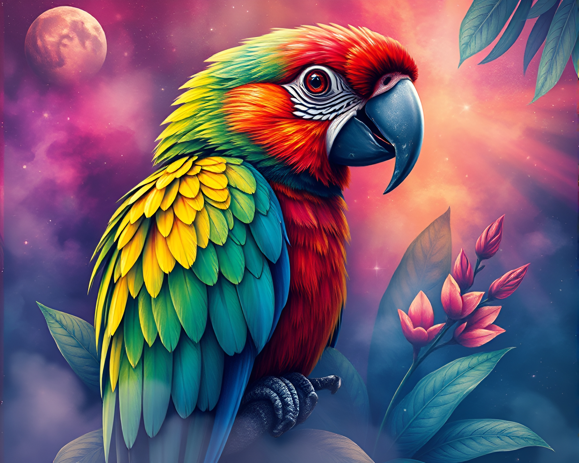 Tropical Parrot in Galaxy Colors Botanical Illustration – free AI stock image