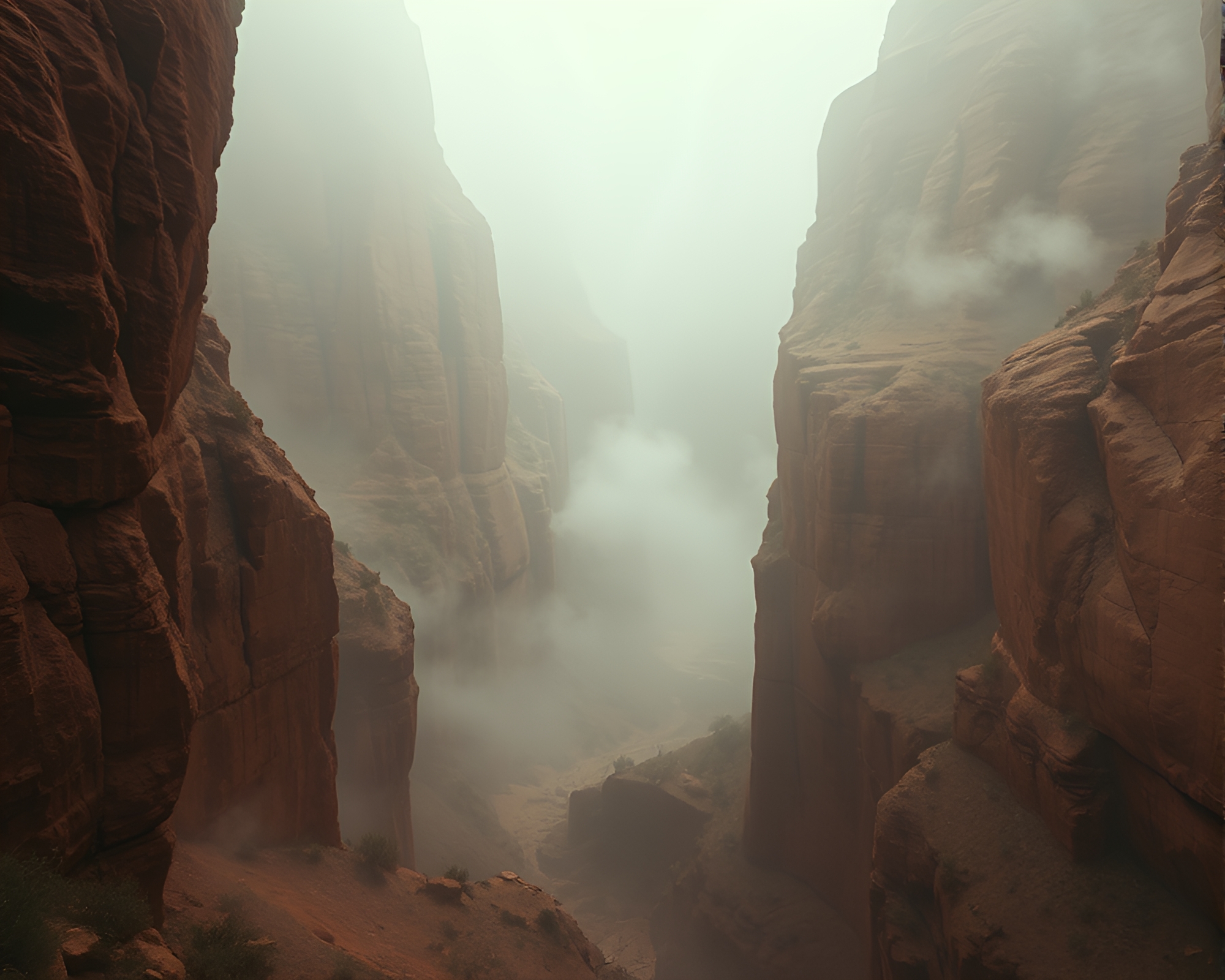 Djinn emerging from fog in glitch canyon – free AI stock image