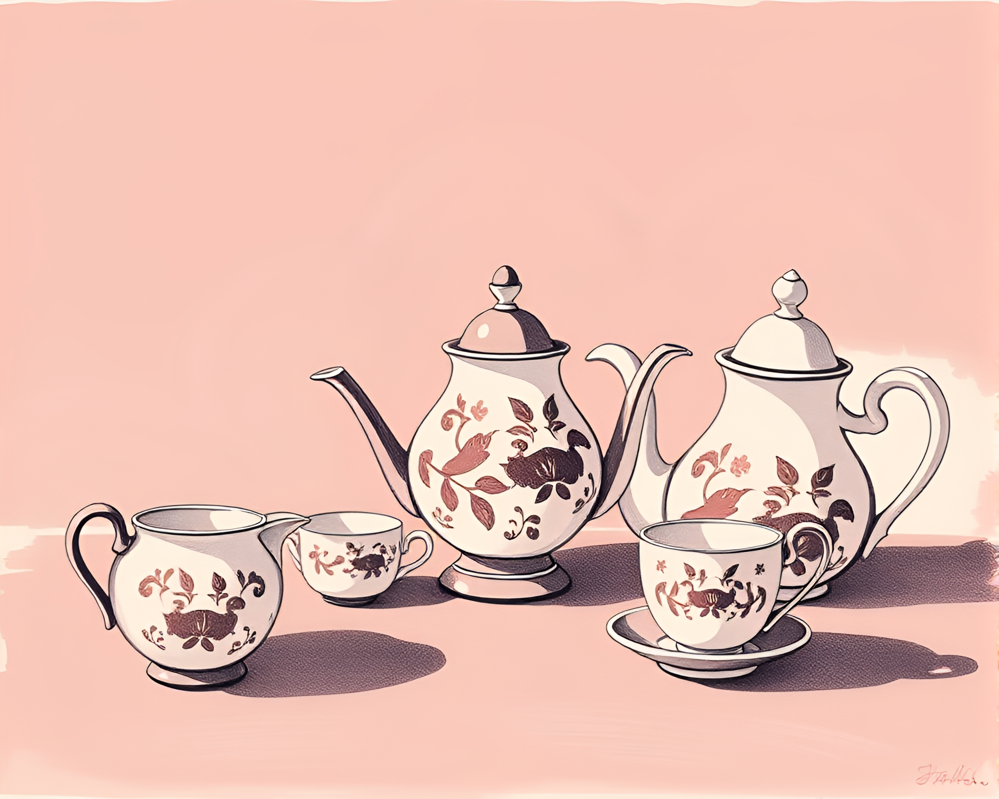 Alice in Wonderland Tea Set Linocut Print – free AI stock image