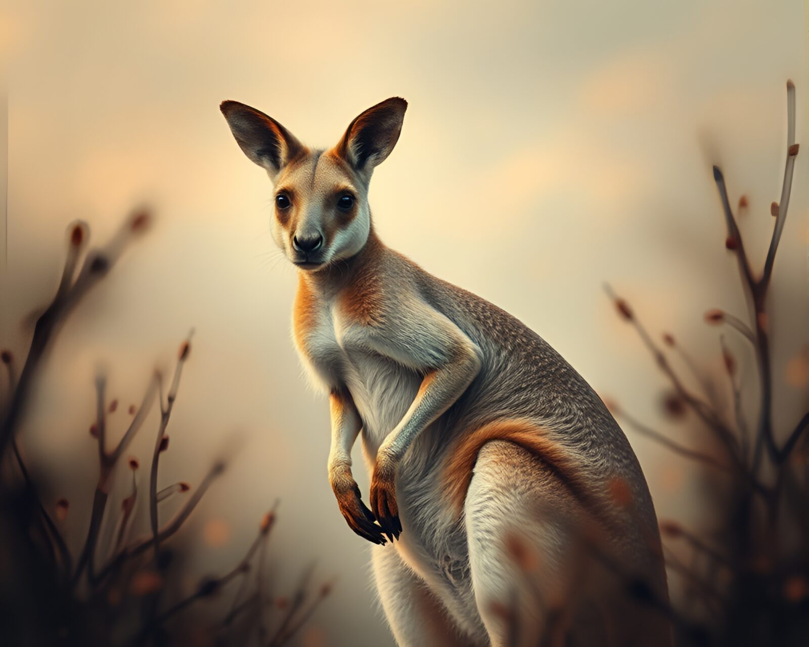 A whimsical kangaroo in soft pastels set against artful background